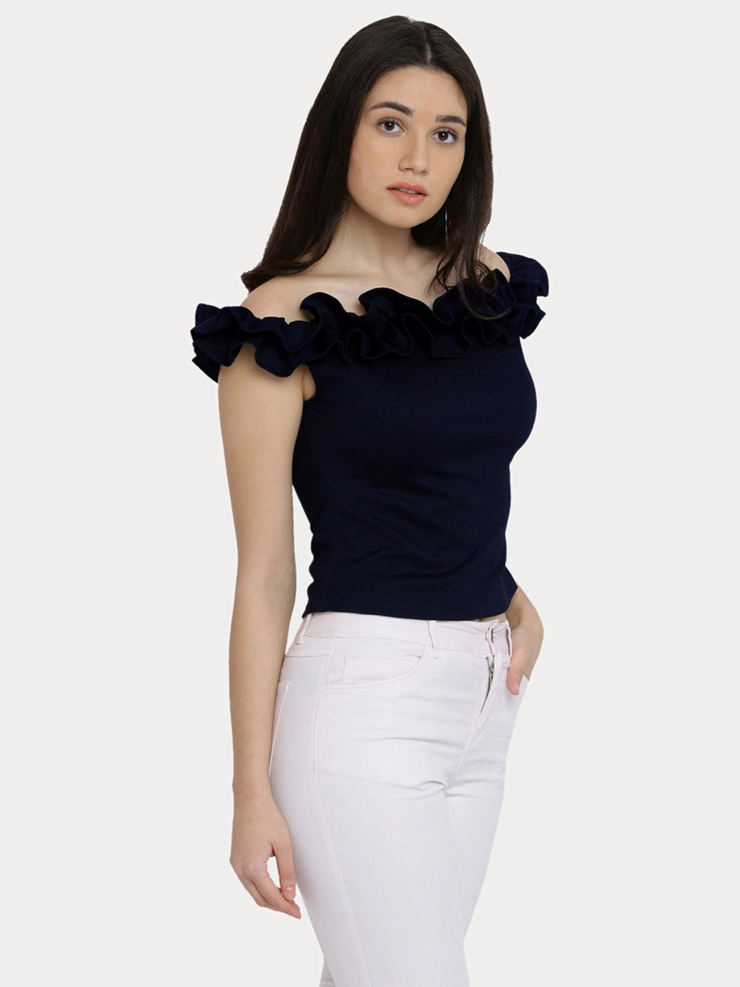 Women's Navy Blue Off Shoulder Sleeveless Solid Ruffled Frilled Gathered Bardot Top Reinforced Shoulder