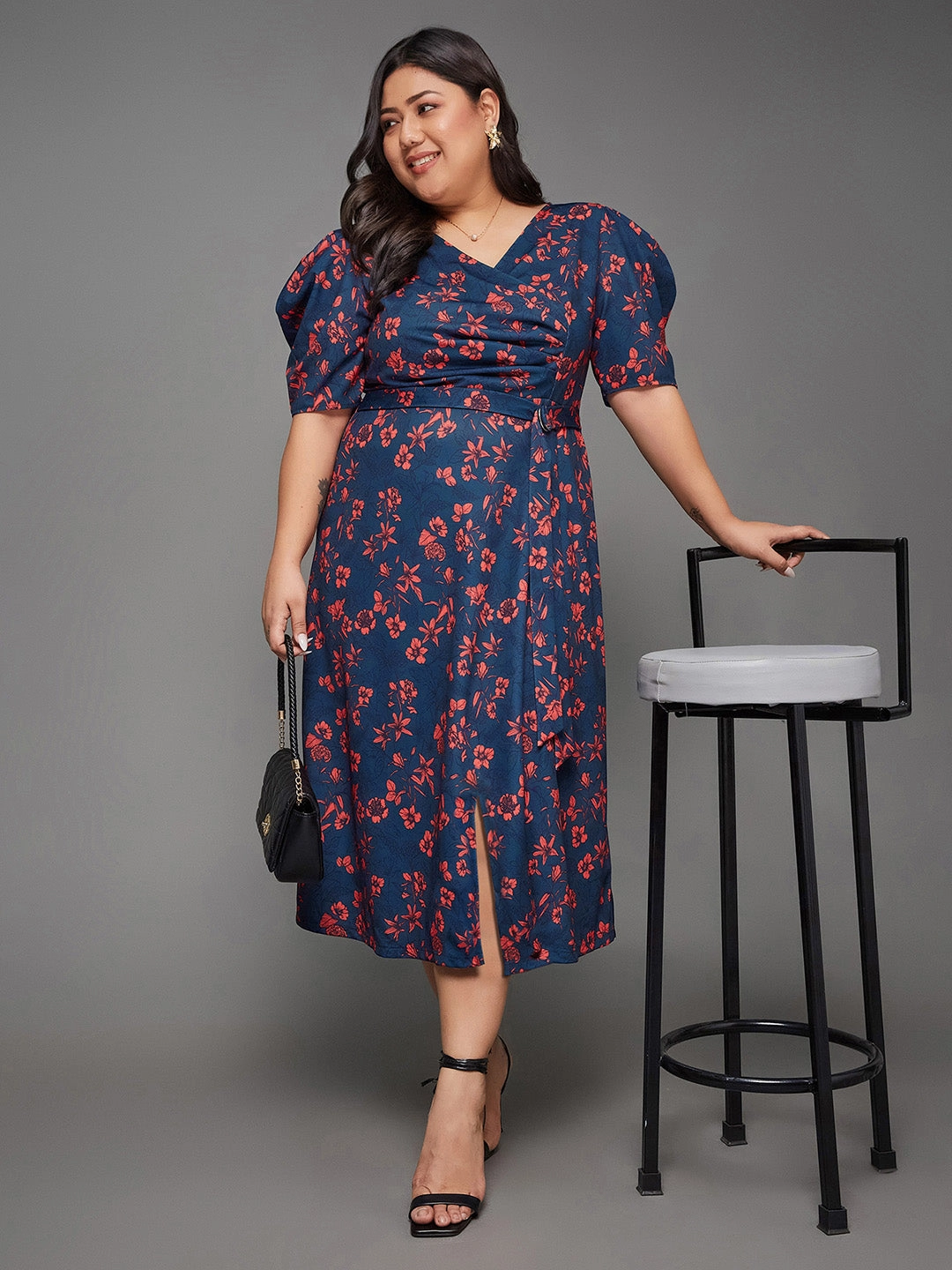Sleek Flex Body Bliss Multicolored-Base-Teal Floral Wrap Midi Dress