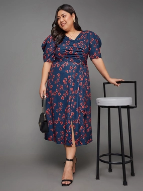 Sleek Flex Body Bliss Multicolored-Base-Teal Floral Wrap Midi Dress