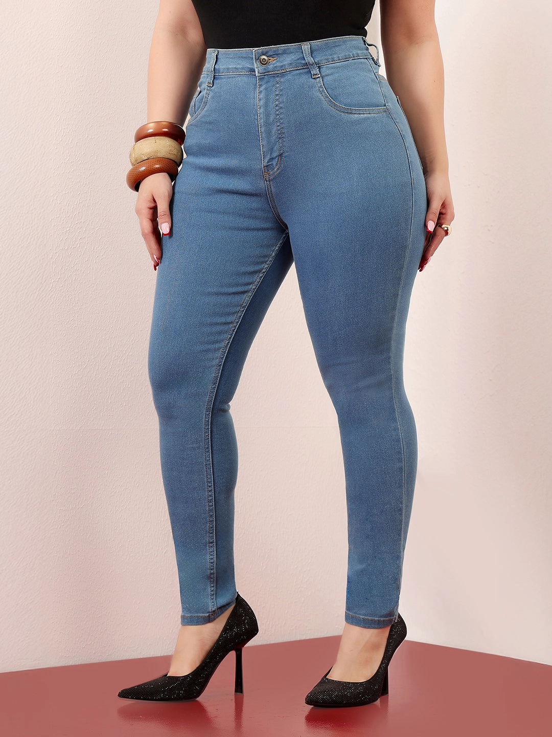 Women's Blue Skinny High-Rise Cropped Denim Jeans Unfaded Hemline