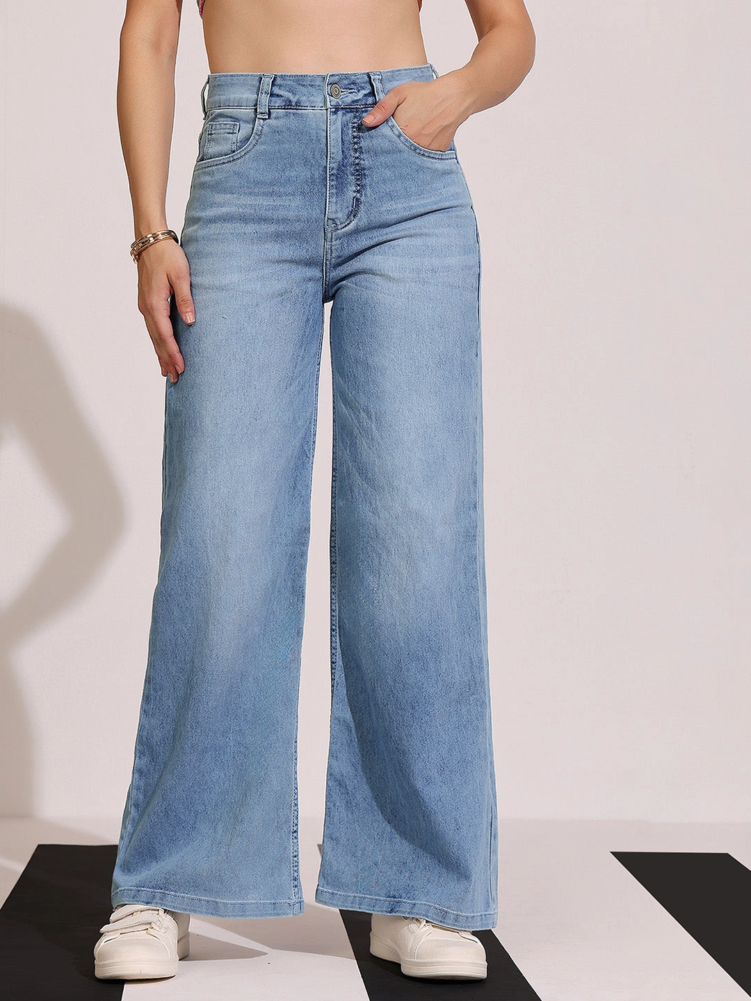 CHASEshape? Women's Light Blue Wide-Leg High Rise Clean Look Regular Length Stretchable Shaping Denim Jeans Movement Friendly Eco Friendly Production