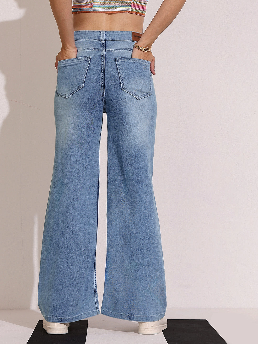 CHASEshape? Women's Light Blue Wide-Leg High Rise Clean Look Regular Length Stretchable Shaping Denim Jeans Articulated Knee Shape Simple Layers