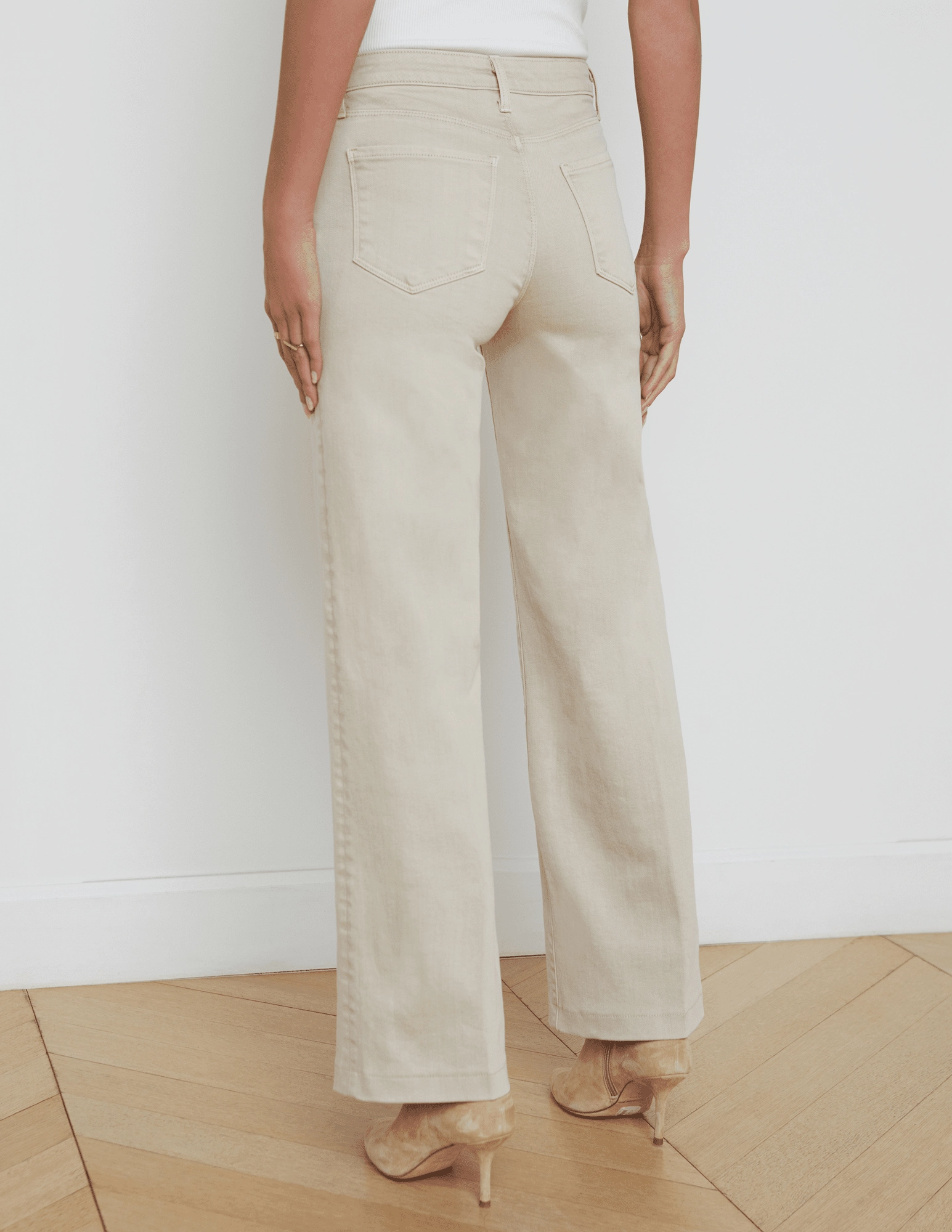 Year Round Piece Road Trip Bold Look Smart Casual L'AGENCE Scottie High Rise Wide Leg Jeans in Biscuit