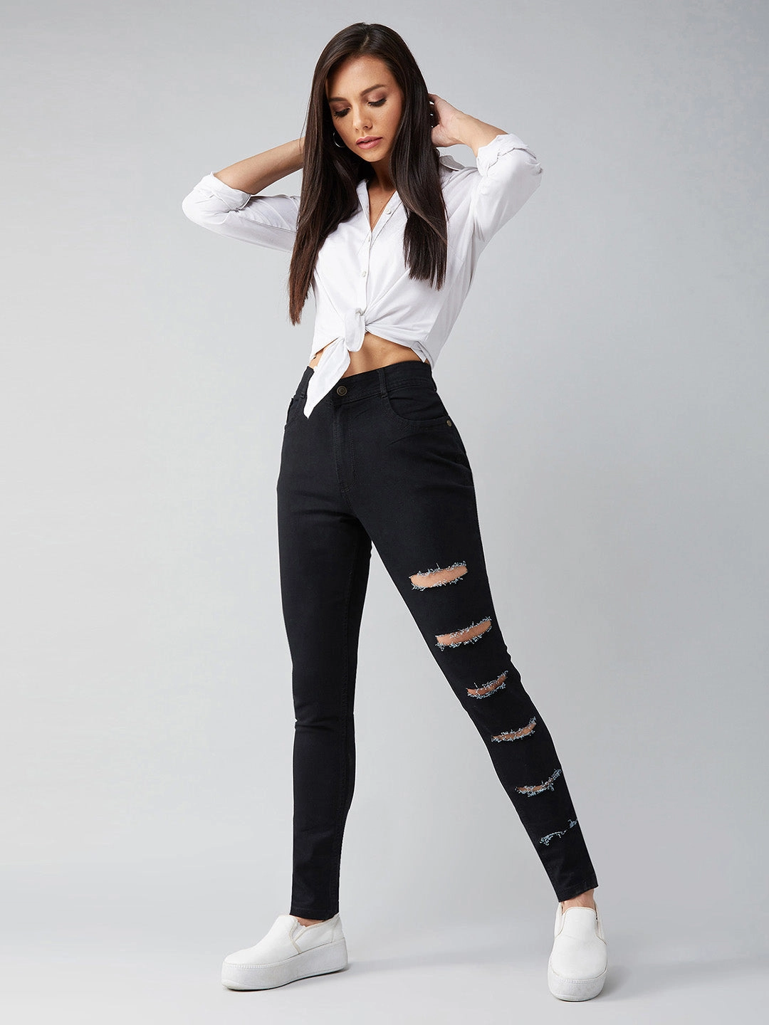 Women's Black Slim High-Rise Clean-Look Denim Jeans Clean Lines Shrink Resistant Denim