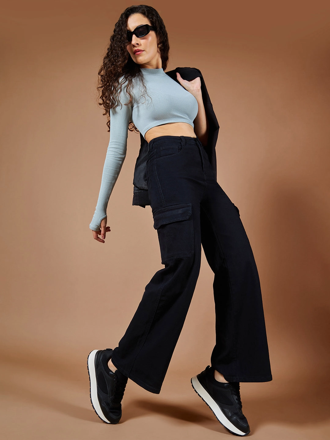 24/7 Comfort Black Wide-Leg High-Rise Cargo Stretchable Denim Jeans Formal Fashion Lover