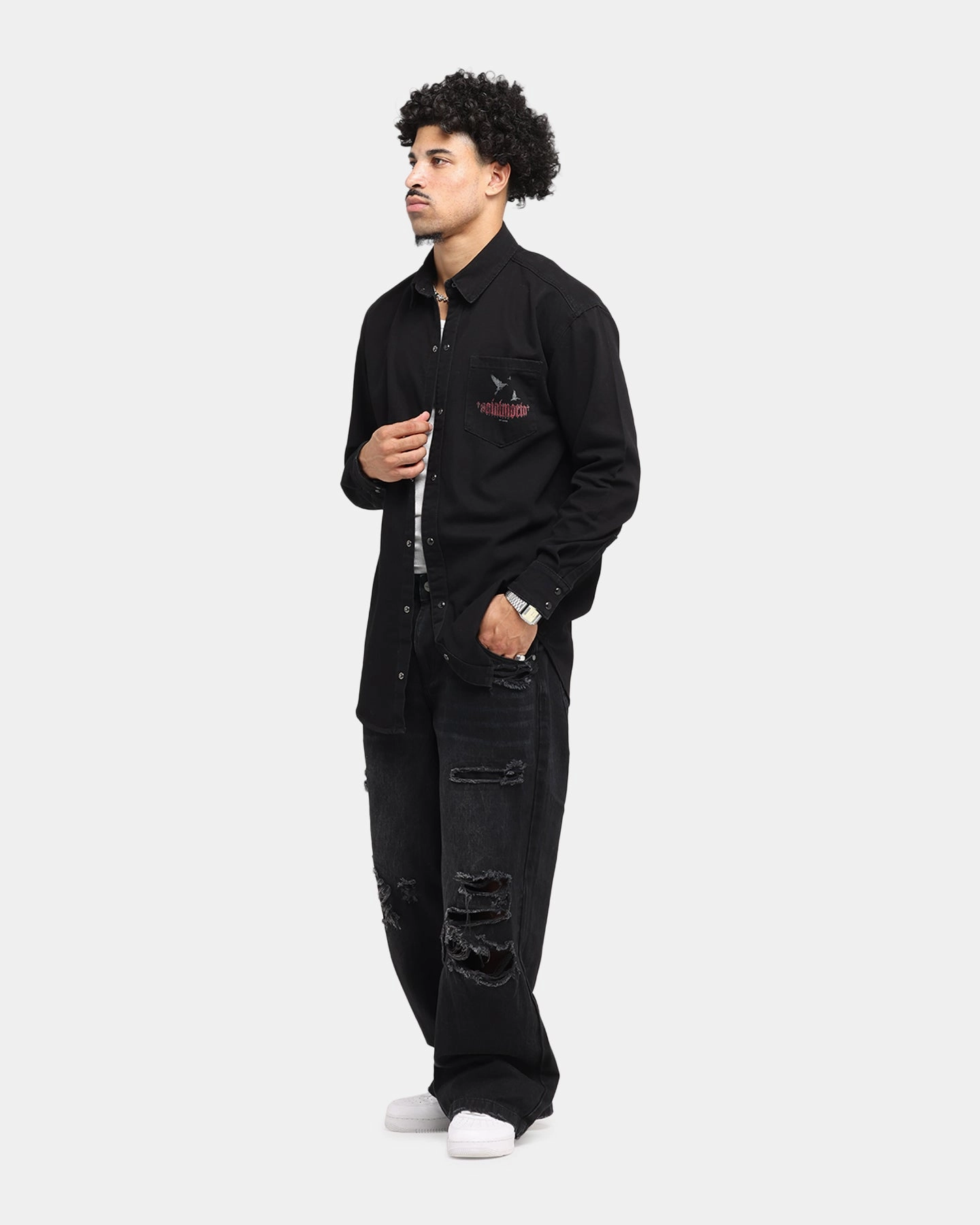 Saint Morta Amorafti Long Sleeve Denim Shirt Black Shadow Elastic Edge Binding GarmentWashed Softness