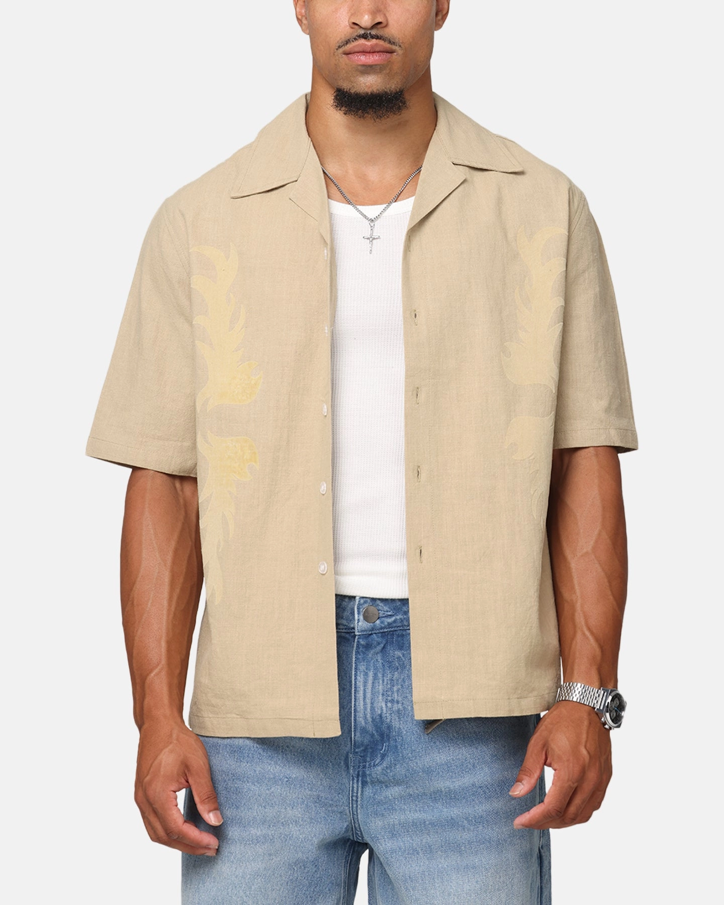 Tapered Cut Saint Morta Flocka Button Up Shirt Tan