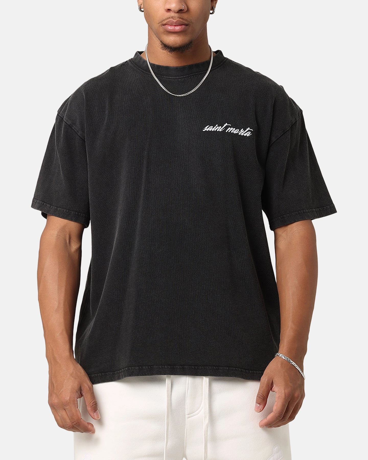 Saint Morta Flower Press Drop T-Shirt Black Acidwash FourWayStretchFabric