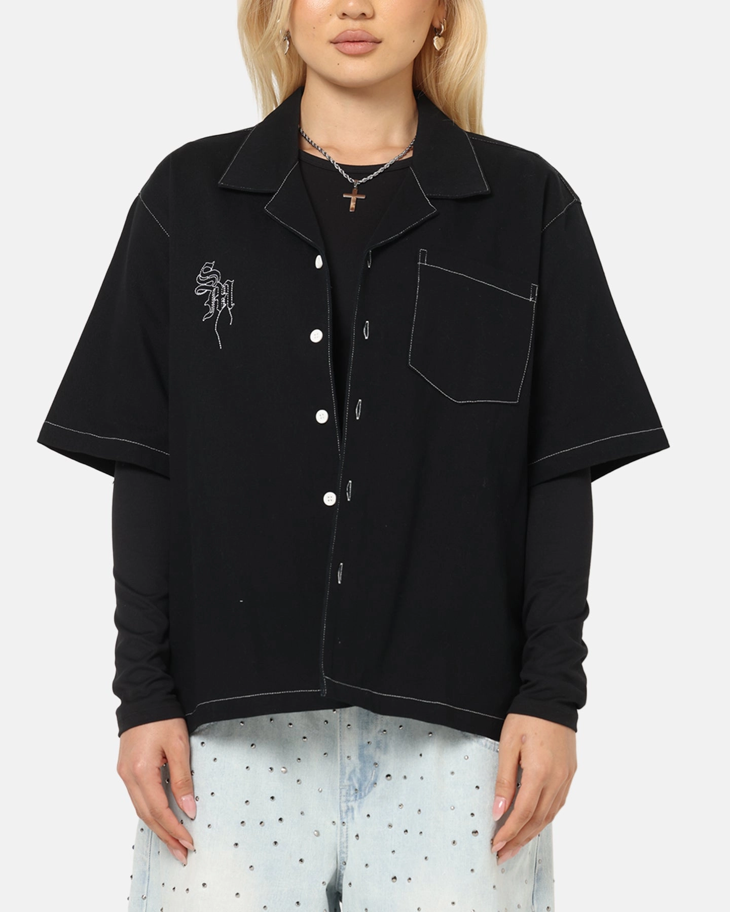 Erasable Surface Coating NonRestrictiveSilhouette Saint Morta Fray Contrast Button Up Shirt Contrast Black