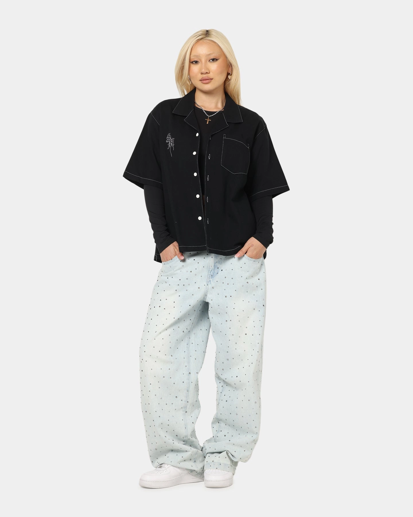 Flexible Knit DoubleLayered Saint Morta Fray Contrast Button Up Shirt Contrast Black