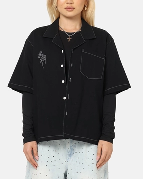 Erasable Surface Coating NonRestrictiveSilhouette Saint Morta Fray Contrast Button Up Shirt Contrast Black