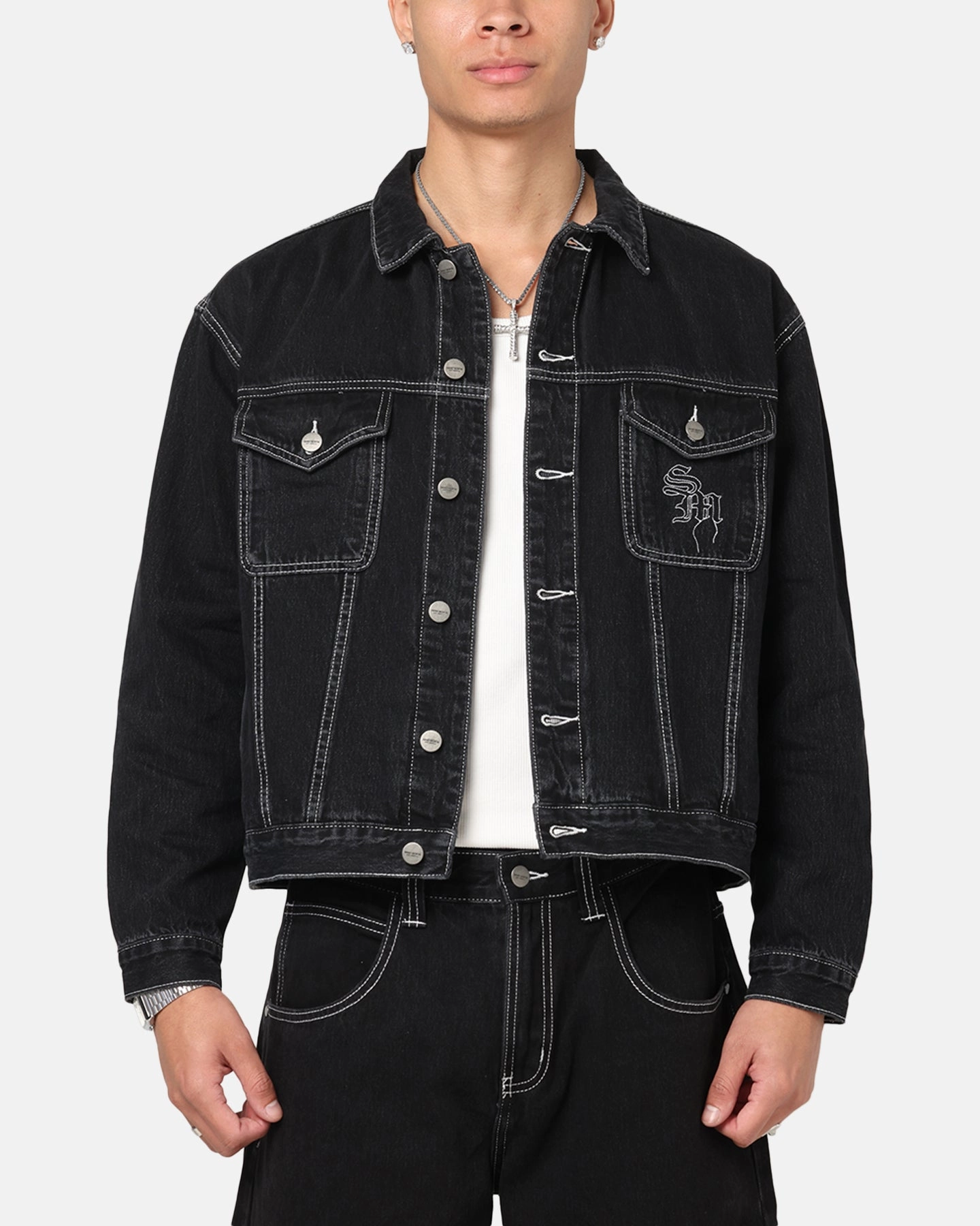 Saint Morta Fray Trucker Denim Jacket Contrast Black DoubleStitchSeams