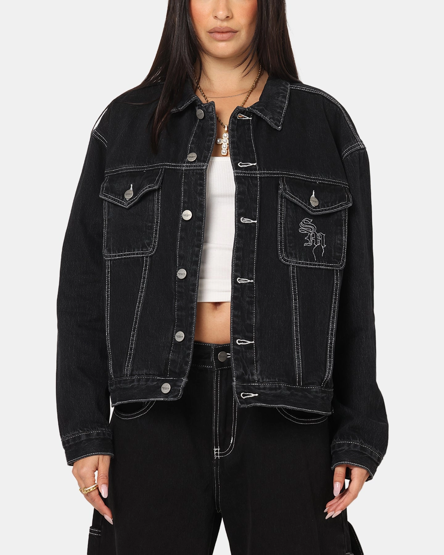FlexibleSole Saint Morta Fray Trucker Denim Jacket Contrast Black