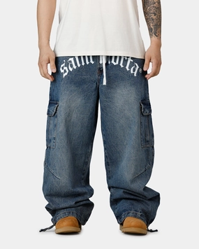 Saint Morta Gothic Denim Cargo Pants Dirty Denim Body Aligned