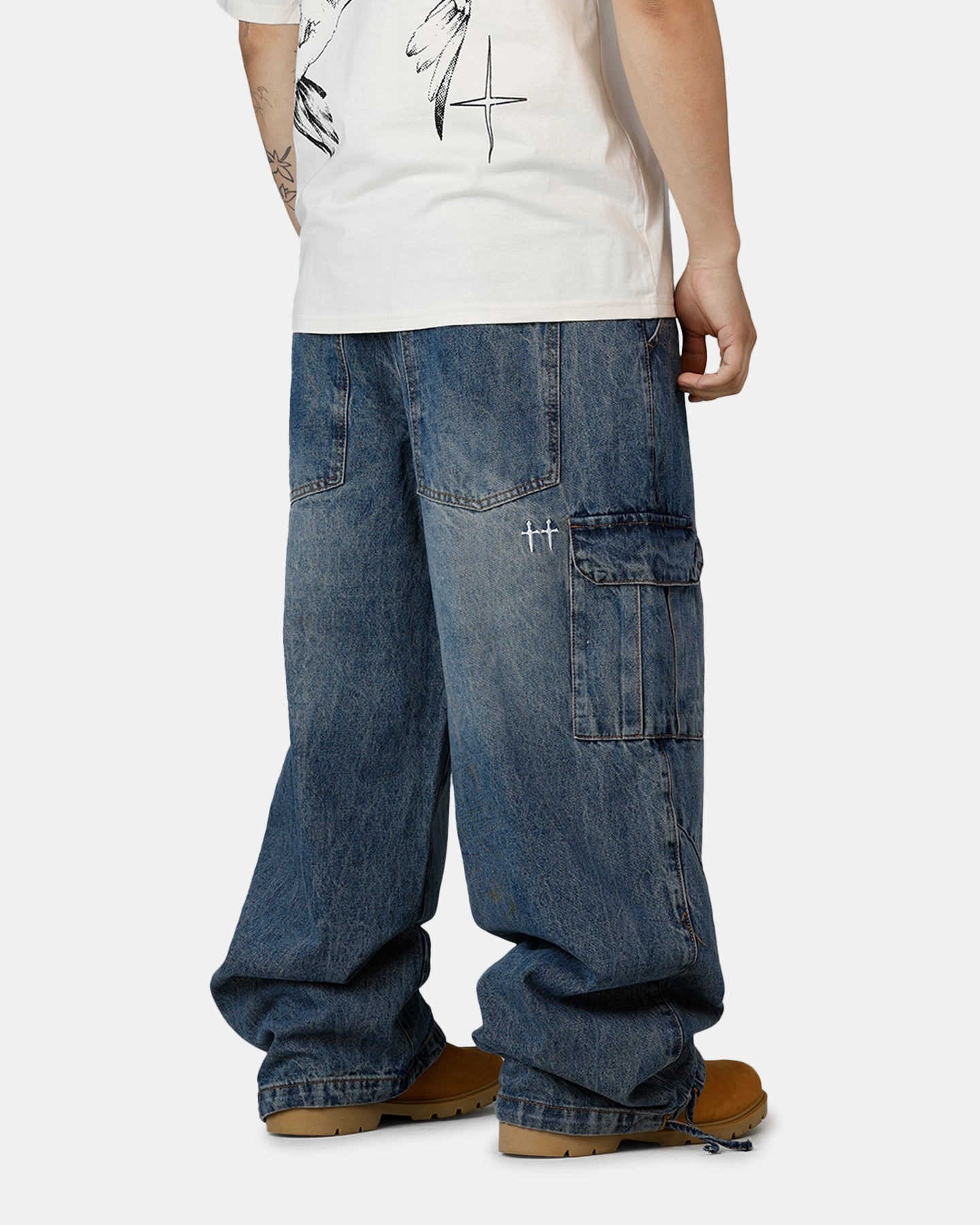 Saint Morta Gothic Denim Cargo Pants Dirty Denim FlexibleKnees Fitted Design