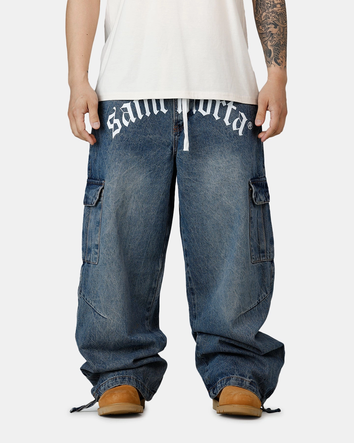 Saint Morta Gothic Denim Cargo Pants Dirty Denim Body Aligned