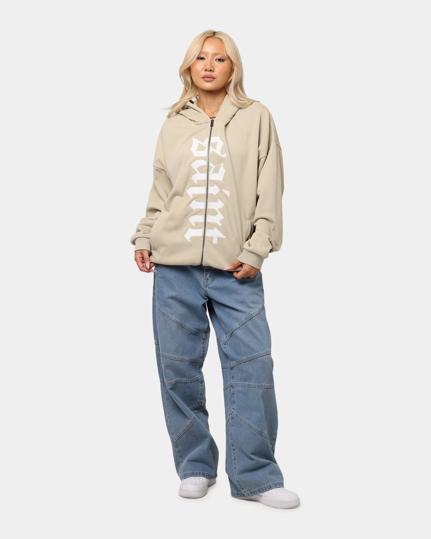 Saint Morta Gothic Distressed Zip Hoodie Stone Ventilated Panel Design Casual Fit