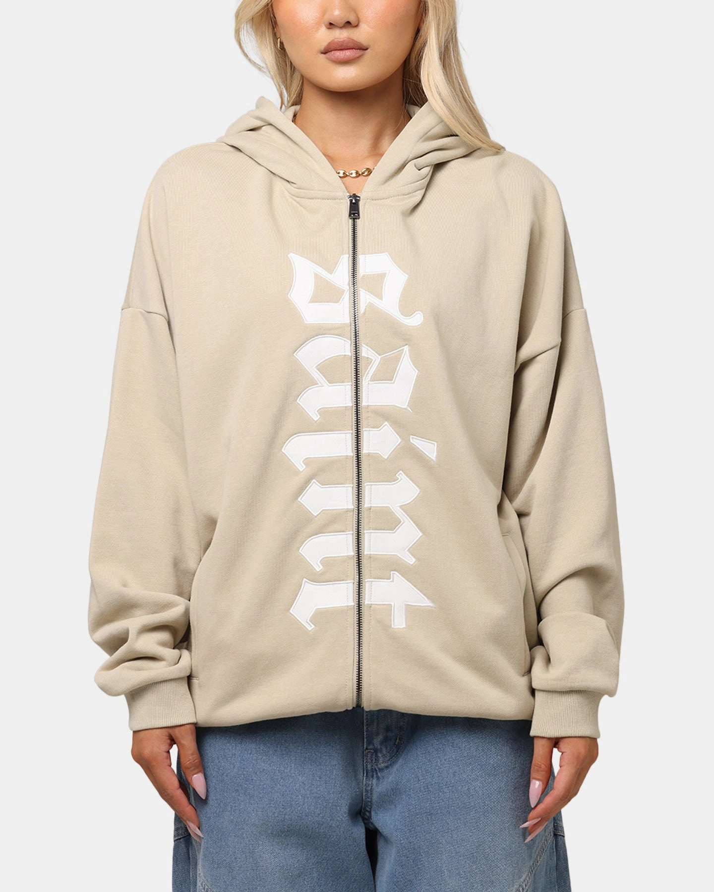 MinimalistDesign TaglessLabel Saint Morta Gothic Distressed Zip Hoodie Stone