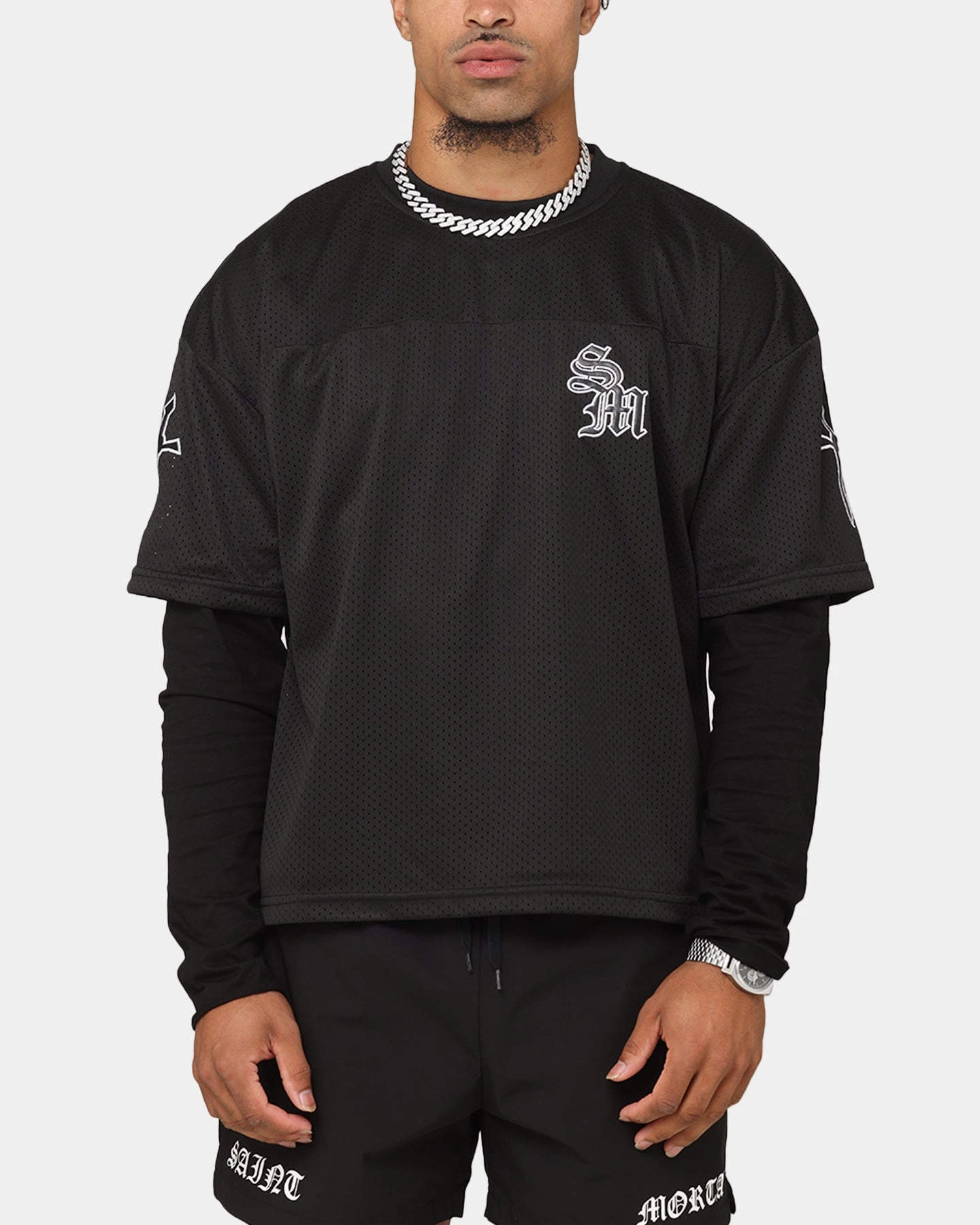 Curved Hemline Saint Morta Gothic Mesh Layered Long Sleeve Jersey Black