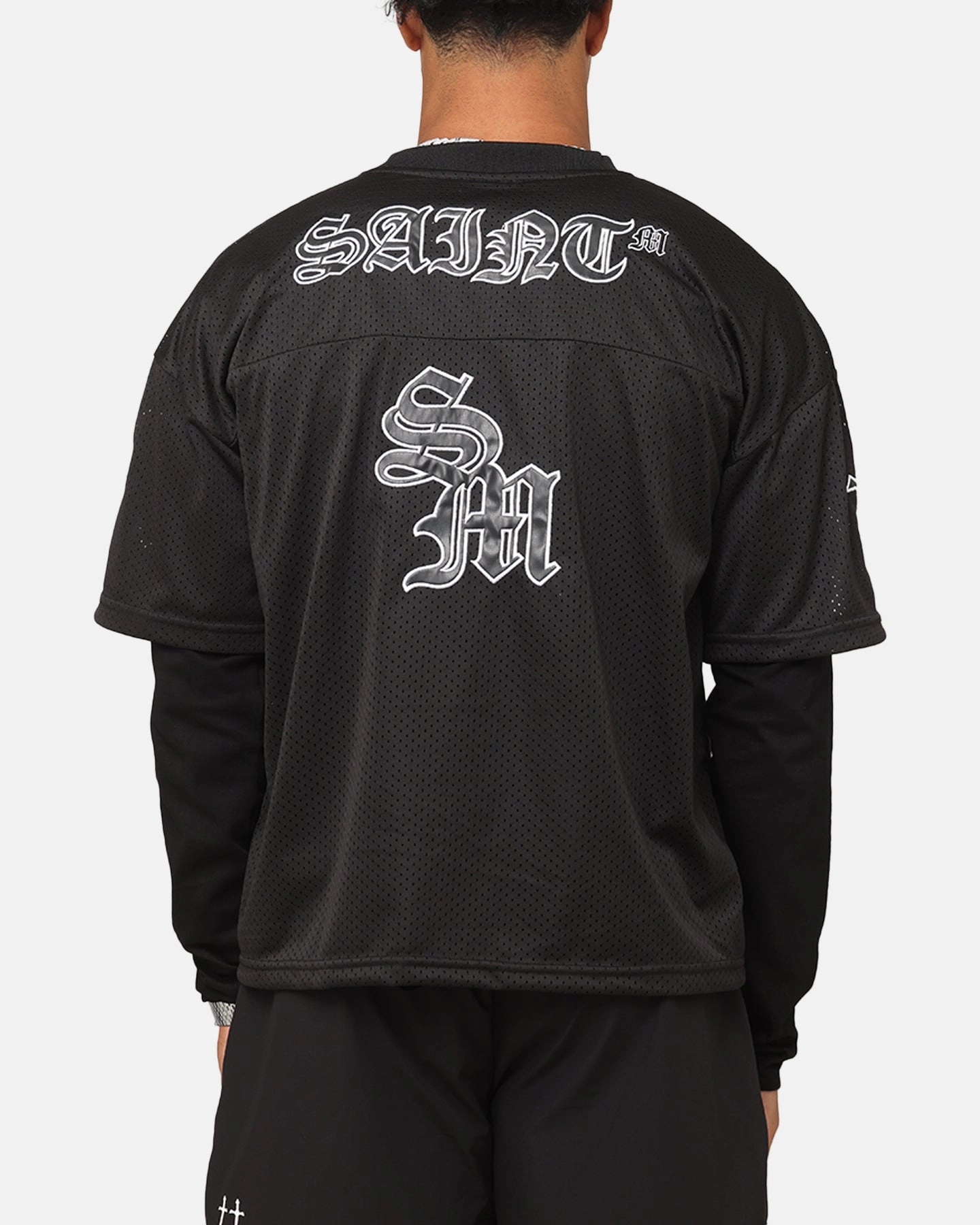 Brushed Interior Classic Crew Neck Saint Morta Gothic Mesh Layered Long Sleeve Jersey Black