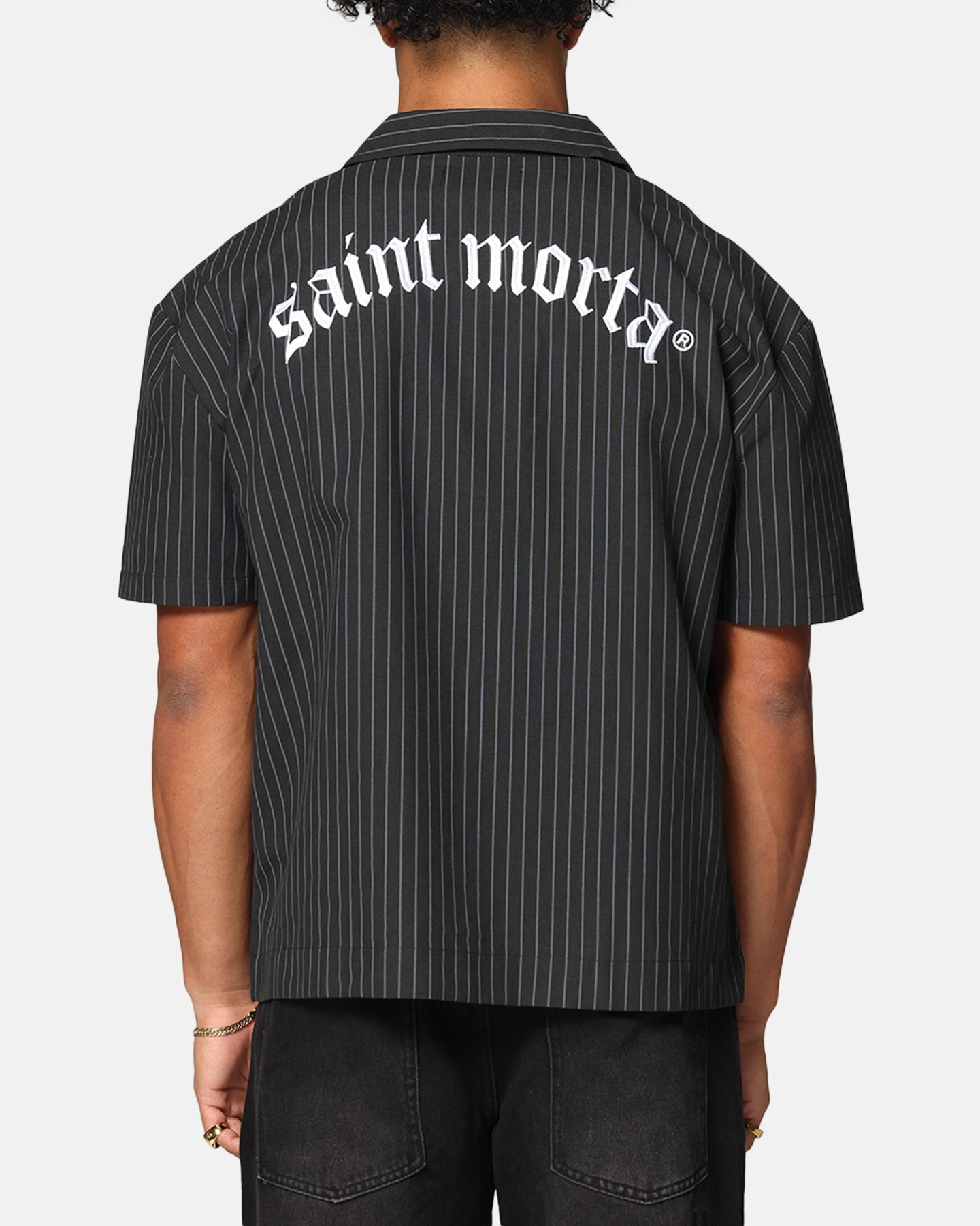 Saint Morta Gothic Pinstripe Button Up Shirt Black Tunic top Flexible Ribbing