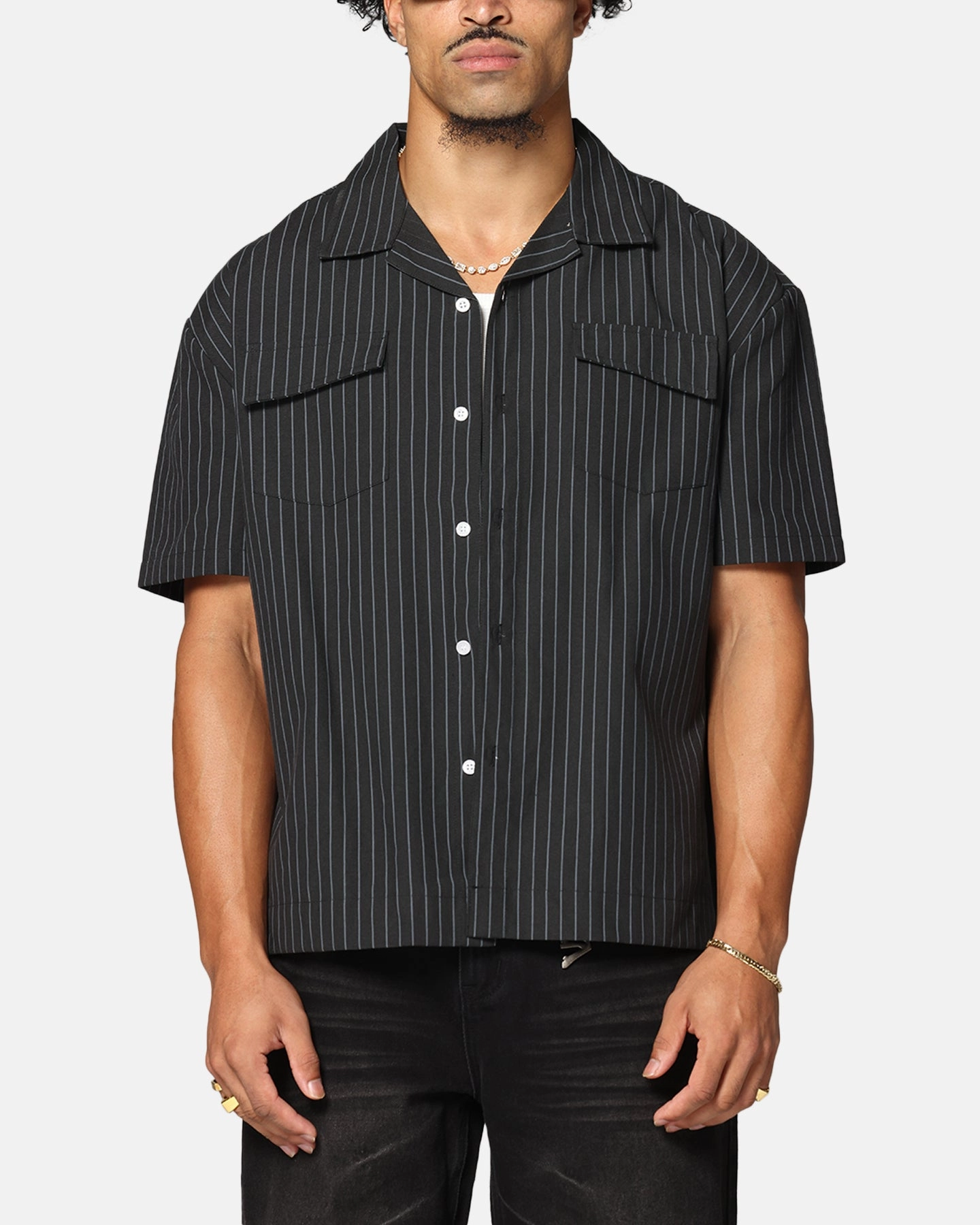 Brushed Interior AntiStatic Material Saint Morta Gothic Pinstripe Button Up Shirt Black