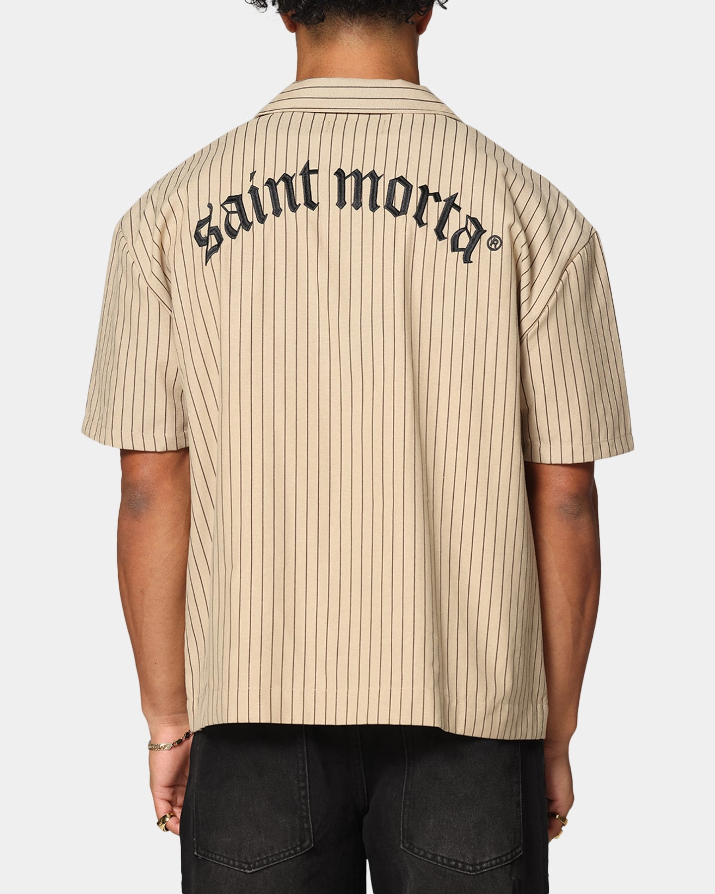 Reinforced Elbow Patches Sleeveless Tee Saint Morta Gothic Pinstripe Button Up Shirt Tan