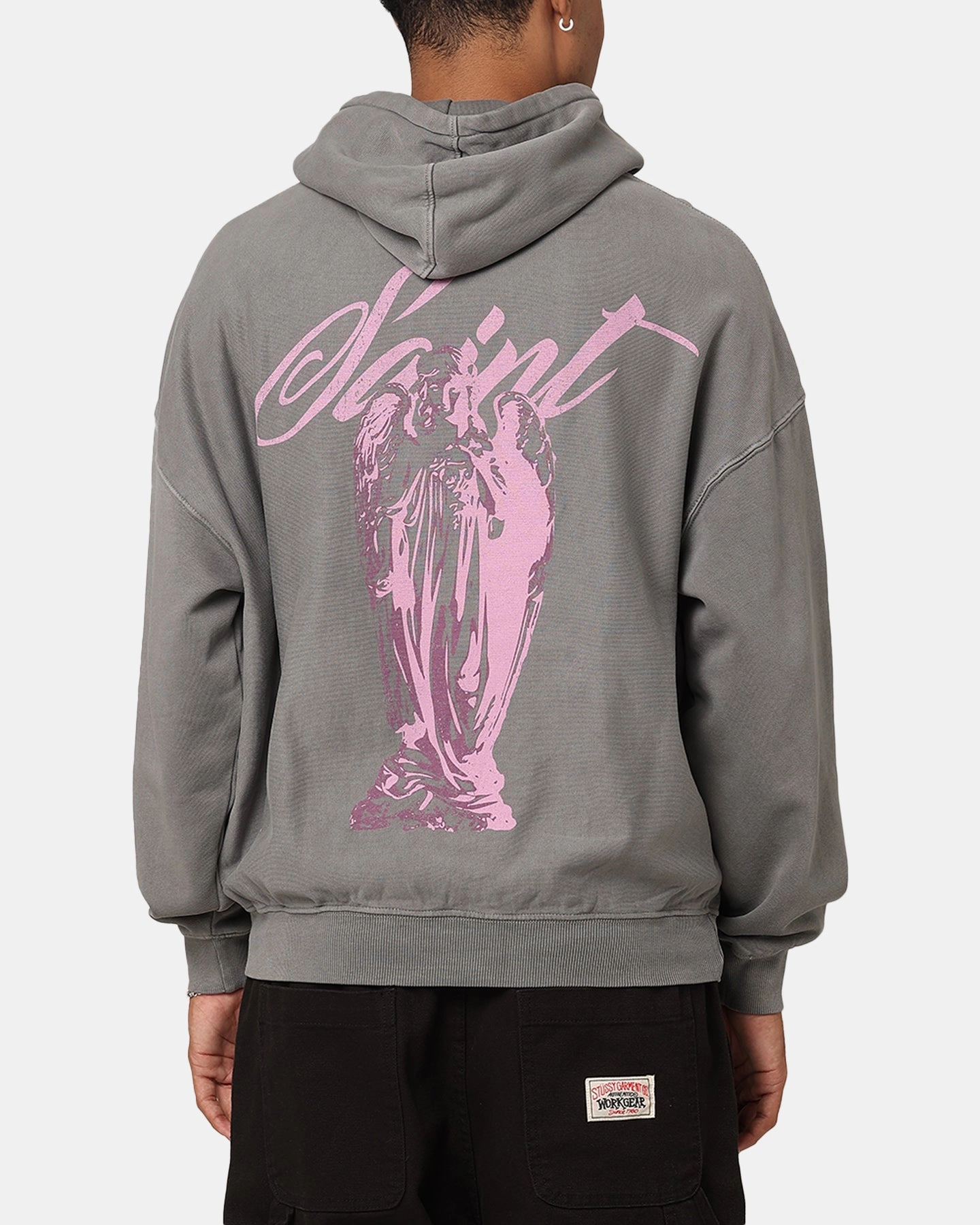 Light Reflective Printing Ergonomic Shoulder Shape Saint Morta Guardian Premiun Hoodie Washed Charcoal