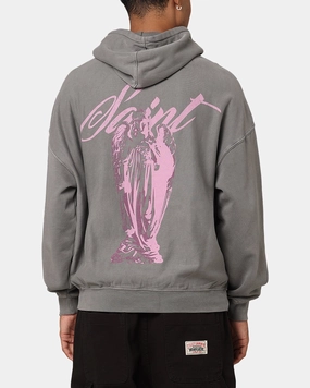 Light Reflective Printing Ergonomic Shoulder Shape Saint Morta Guardian Premiun Hoodie Washed Charcoal