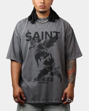 Saint Morta Heavens Mock T-Shirt Washed Charcoal Reinforced Hemline Soft Blended Fabric