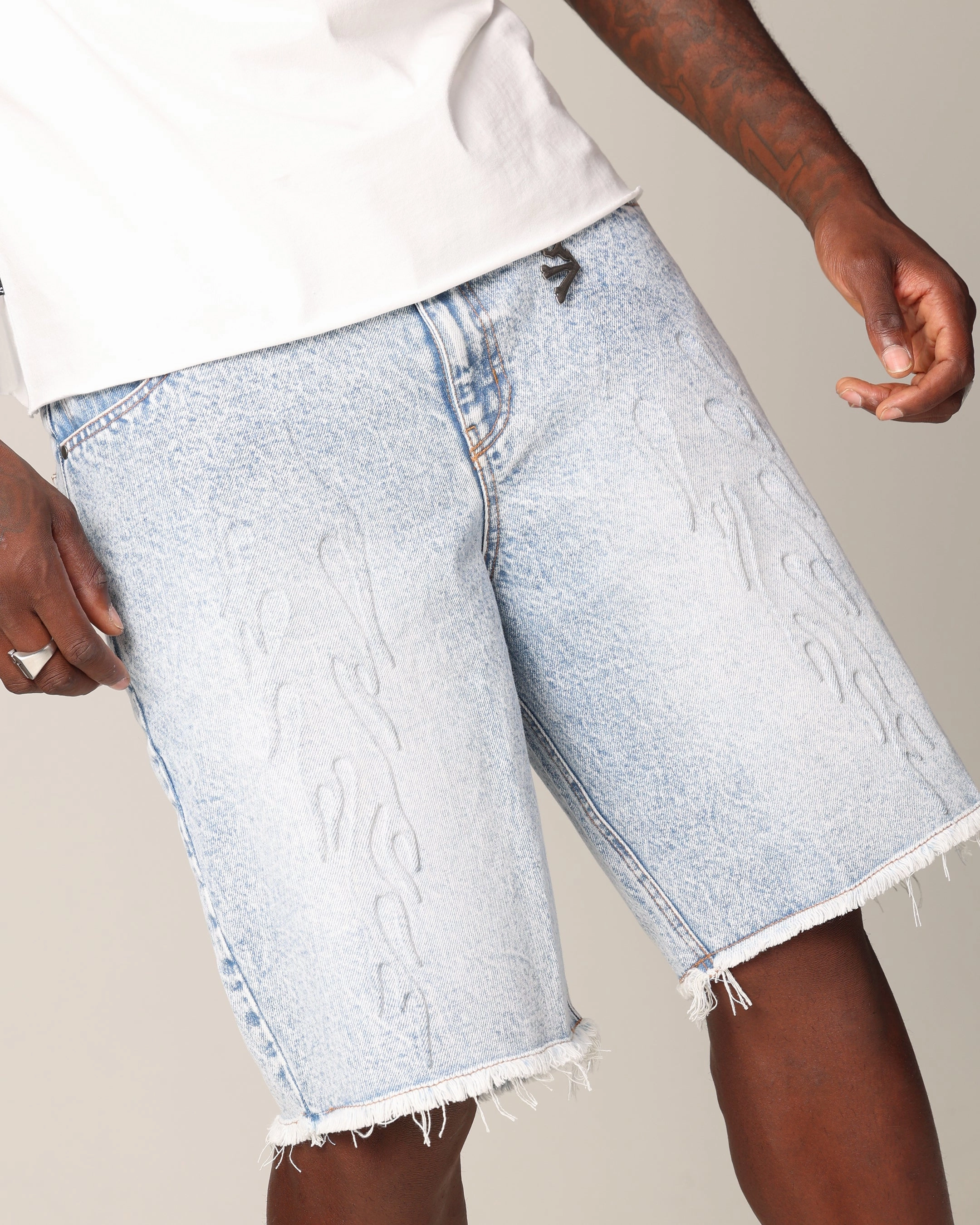 Stretch Fit Wear QuickReleaseBuckle Saint Morta Inferno Baggy Denim Shorts Blue Acidwash