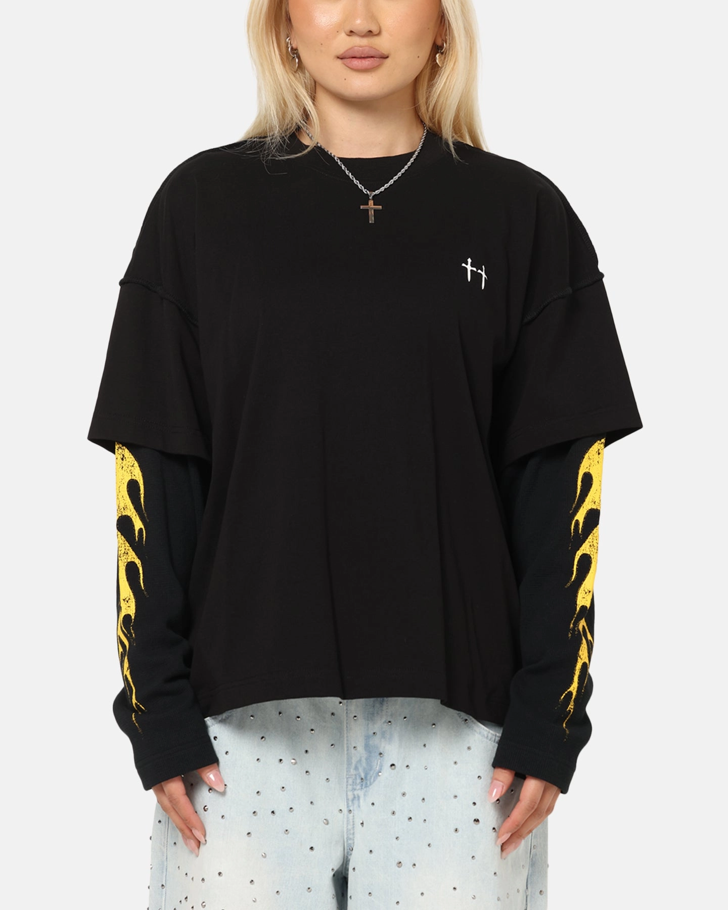 Soft Touch Texture Saint Morta La Flame Long Sleeve T-Shirt Black