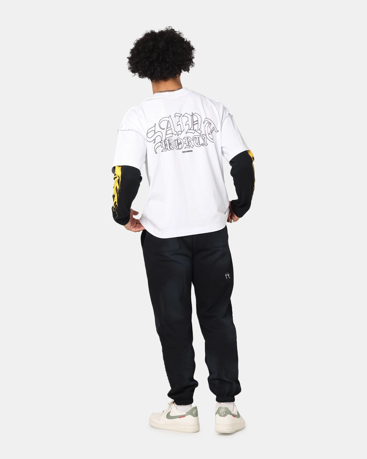 Tagless Collar Tencel Lyocell Fiber Saint Morta La Flame Long Sleeve T-Shirt White/Black