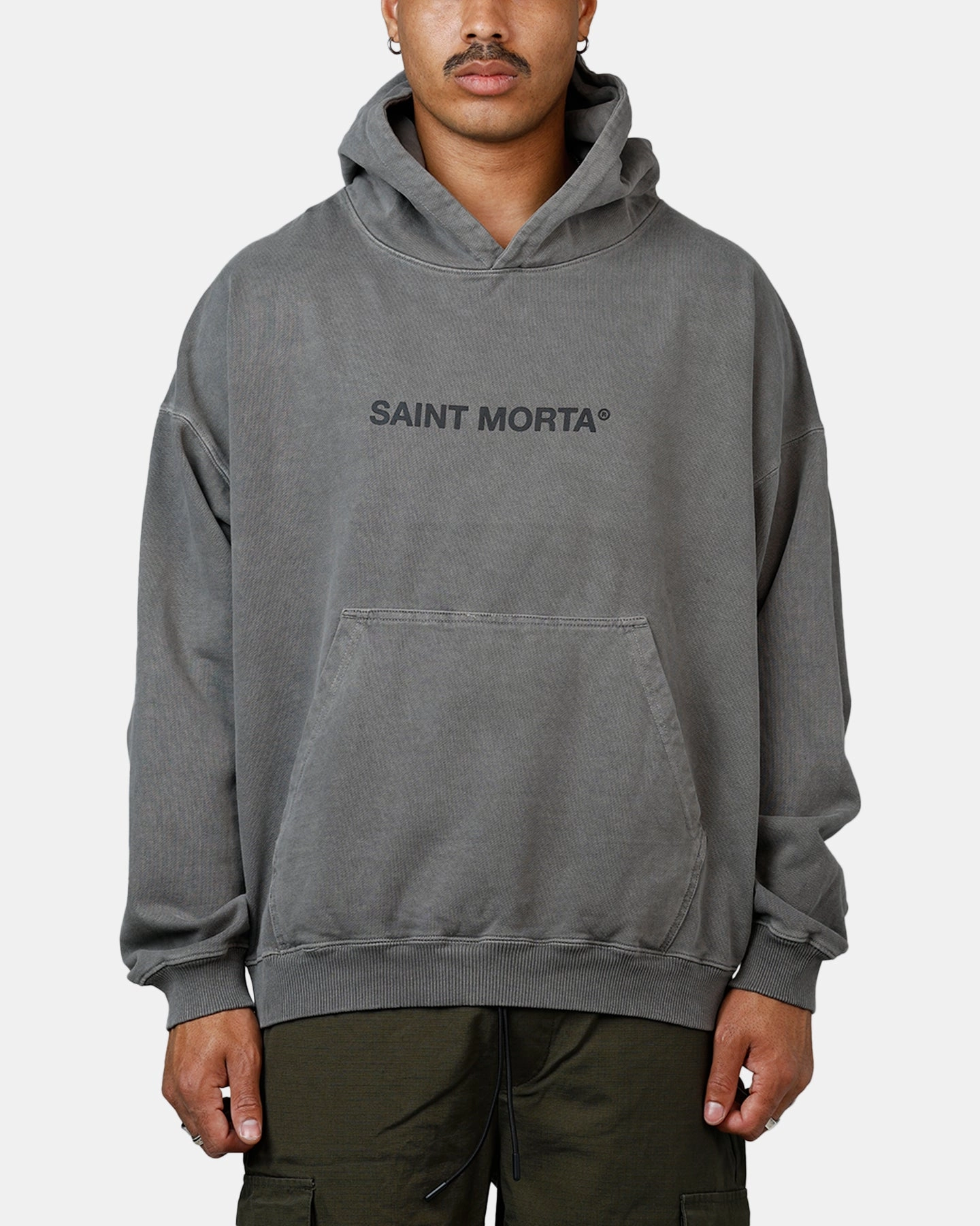 FrictionResistant Trim Saint Morta Memoriam Boxy Hoodie Washed Charcoal
