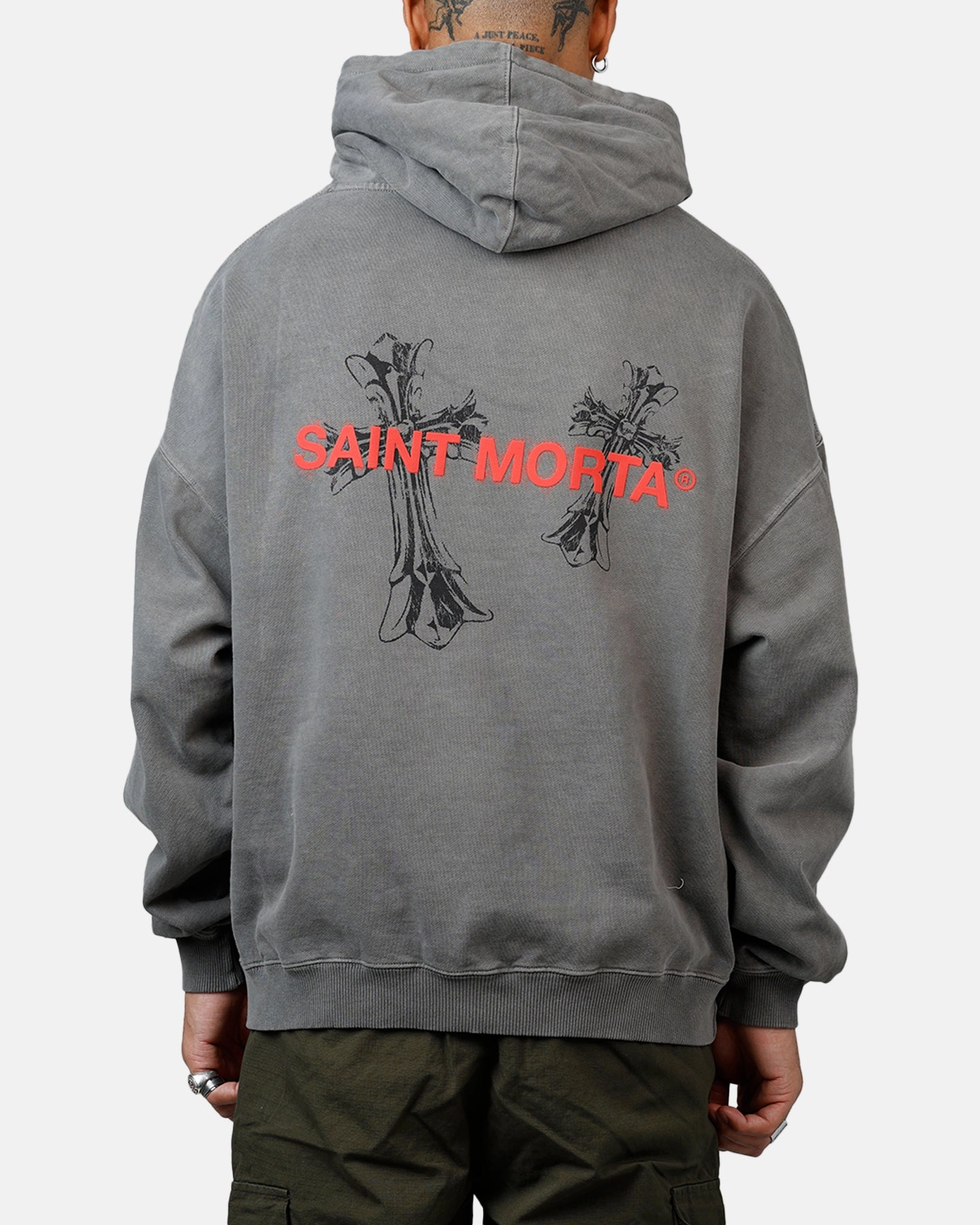 Tapered Cut Saint Morta Memoriam Boxy Hoodie Washed Charcoal