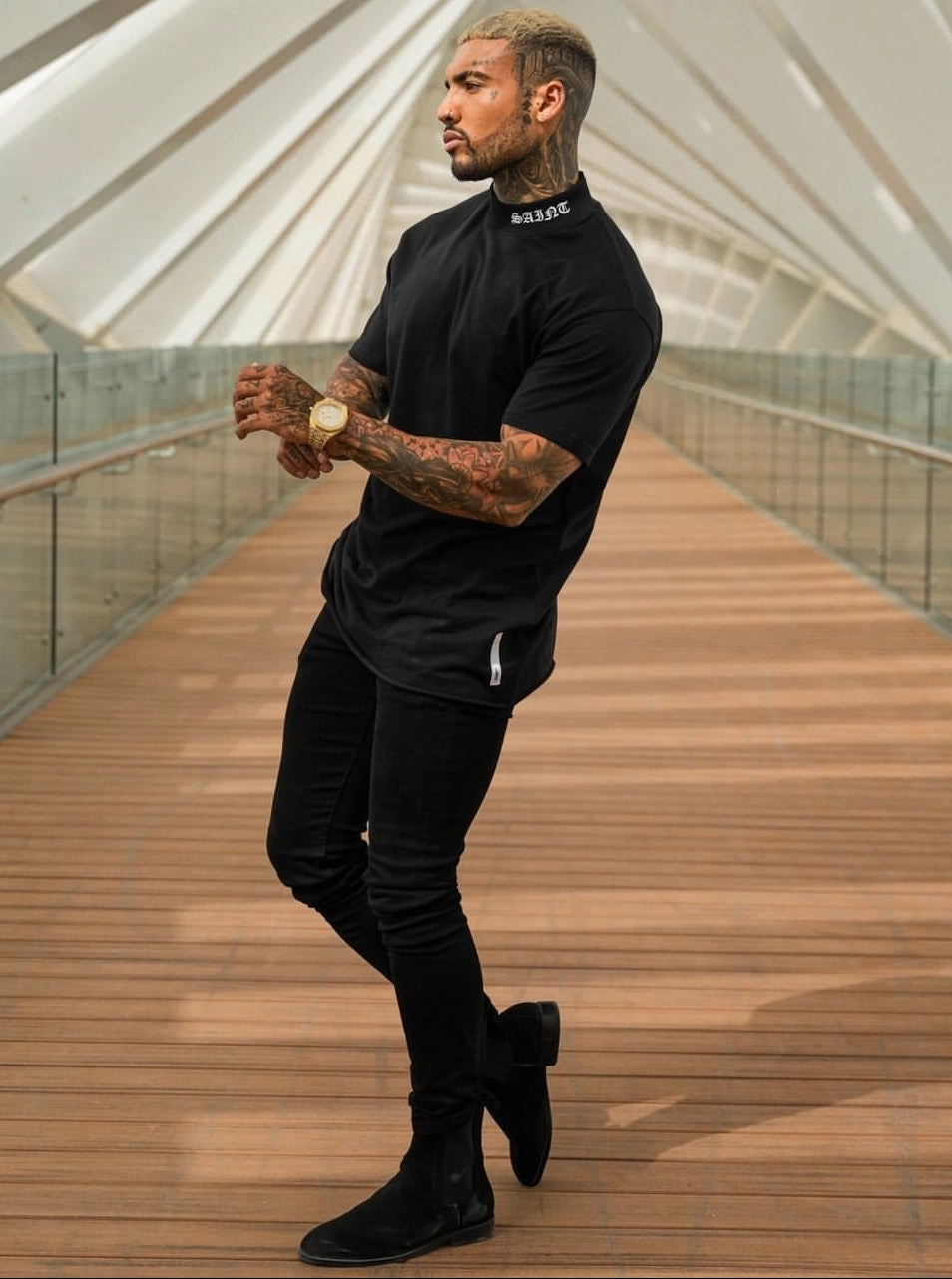 Saint Morta Old English Mock Neck T-Shirt Black/White Durable Weave Airflow Mesh Insert