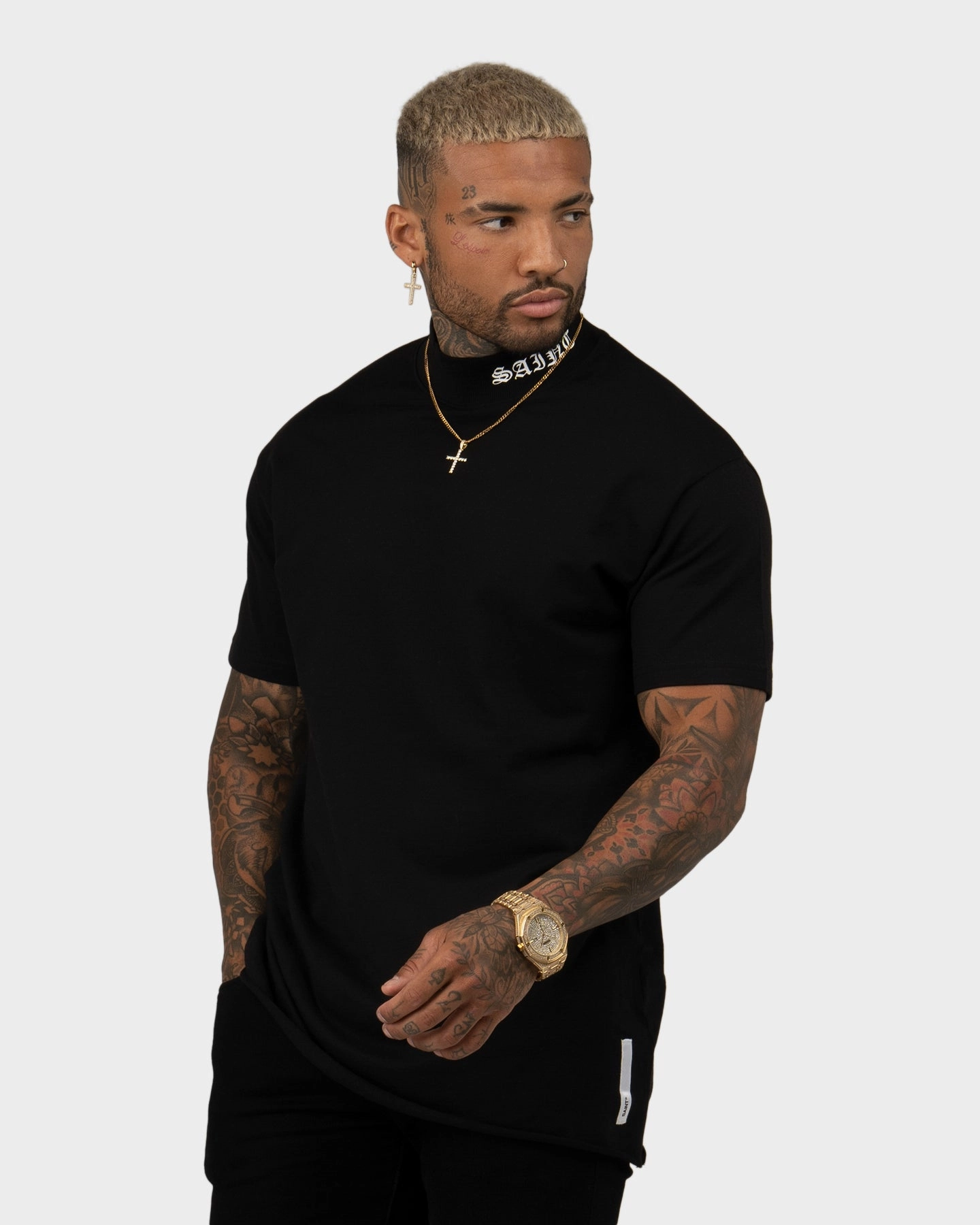 Saint Morta Old English Mock Neck T-Shirt Black/White Double Stitched Hem