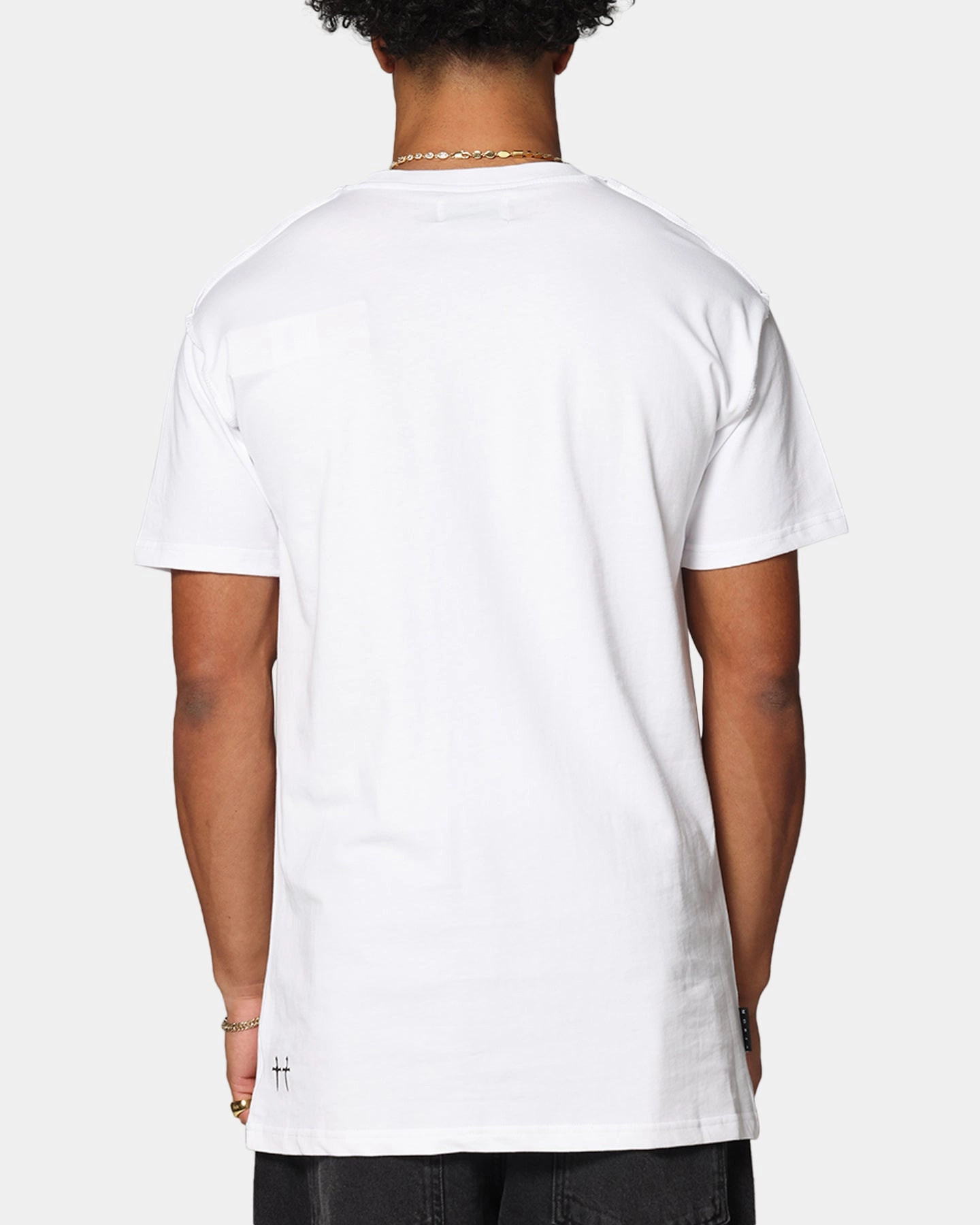 Saint Morta Rhinestone T-Shirt White Hidden Zipper Pocket Microfiber Material