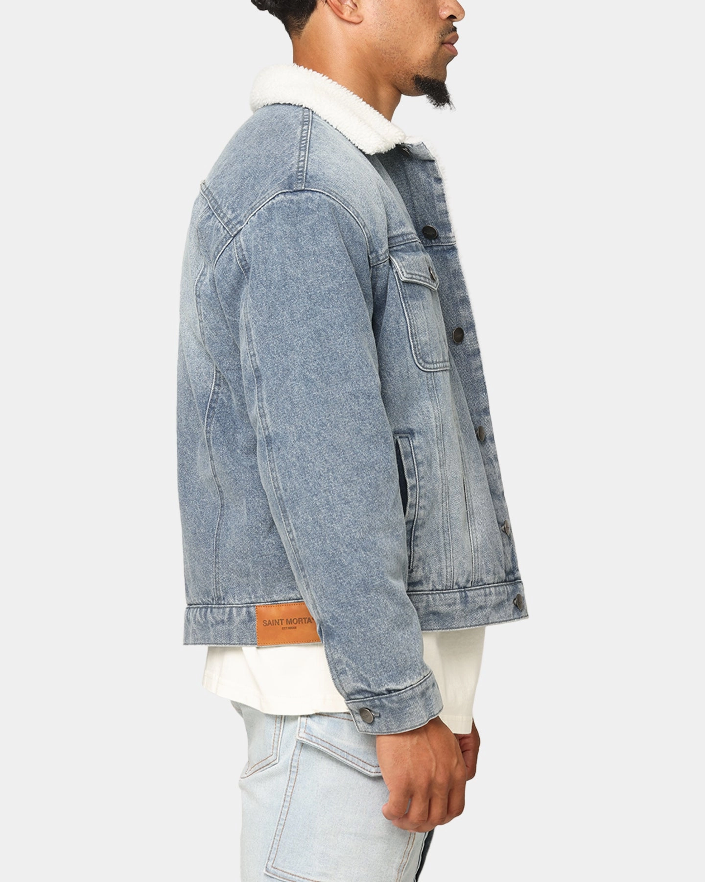 Saint Morta Sherpa Boxy Denim Jacket Dirty Denim Ergonomic Cut HighCollarDesign