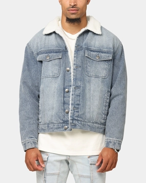 Saint Morta Sherpa Boxy Denim Jacket Dirty Denim Classic Ribbed Cuffs