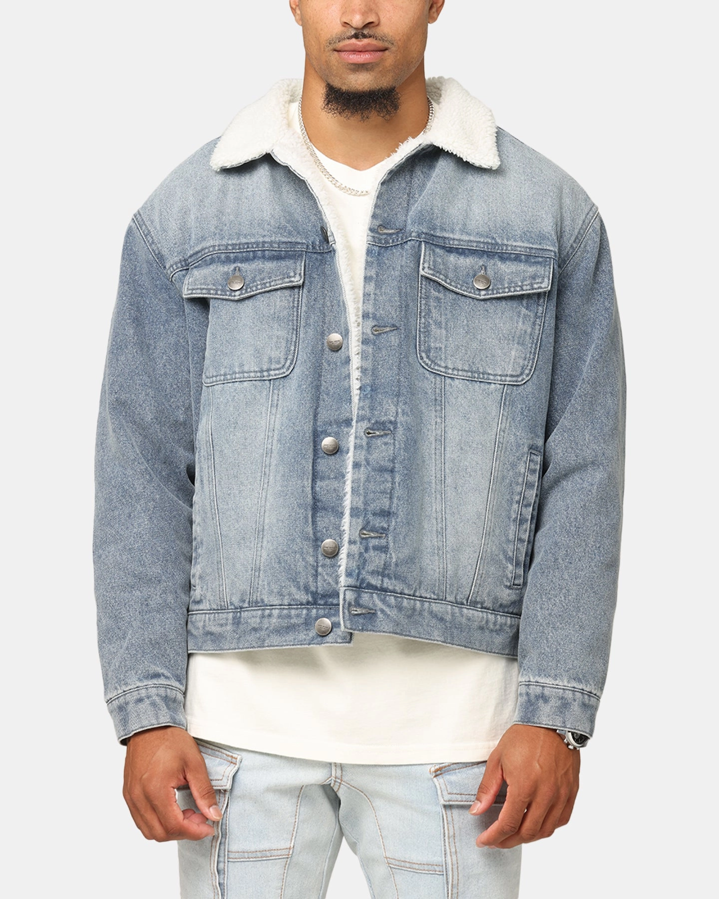 Saint Morta Sherpa Boxy Denim Jacket Dirty Denim Classic Ribbed Cuffs