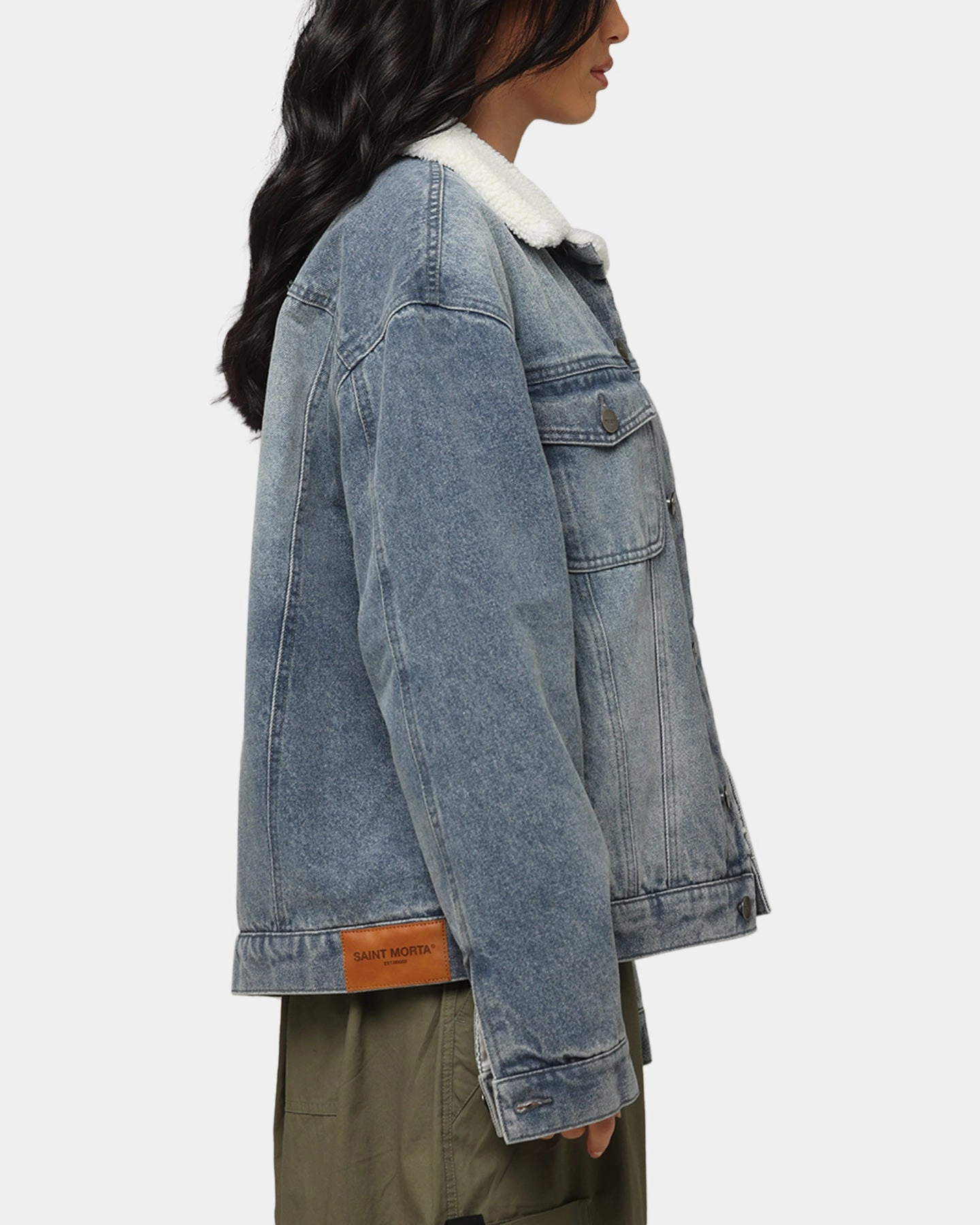 Eco Friendly Production Noise Free Material Saint Morta Sherpa Boxy Denim Jacket Dirty Denim