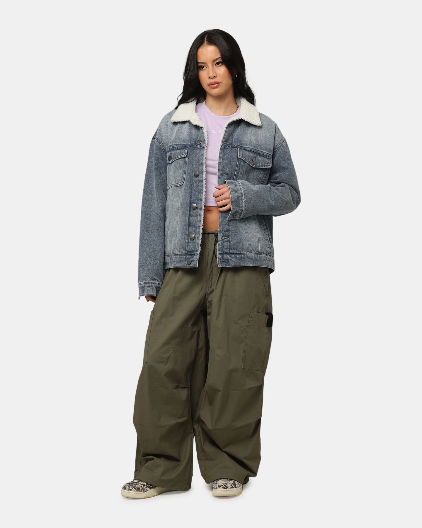 Saint Morta Sherpa Boxy Denim Jacket Dirty Denim Adjustable Cuffs