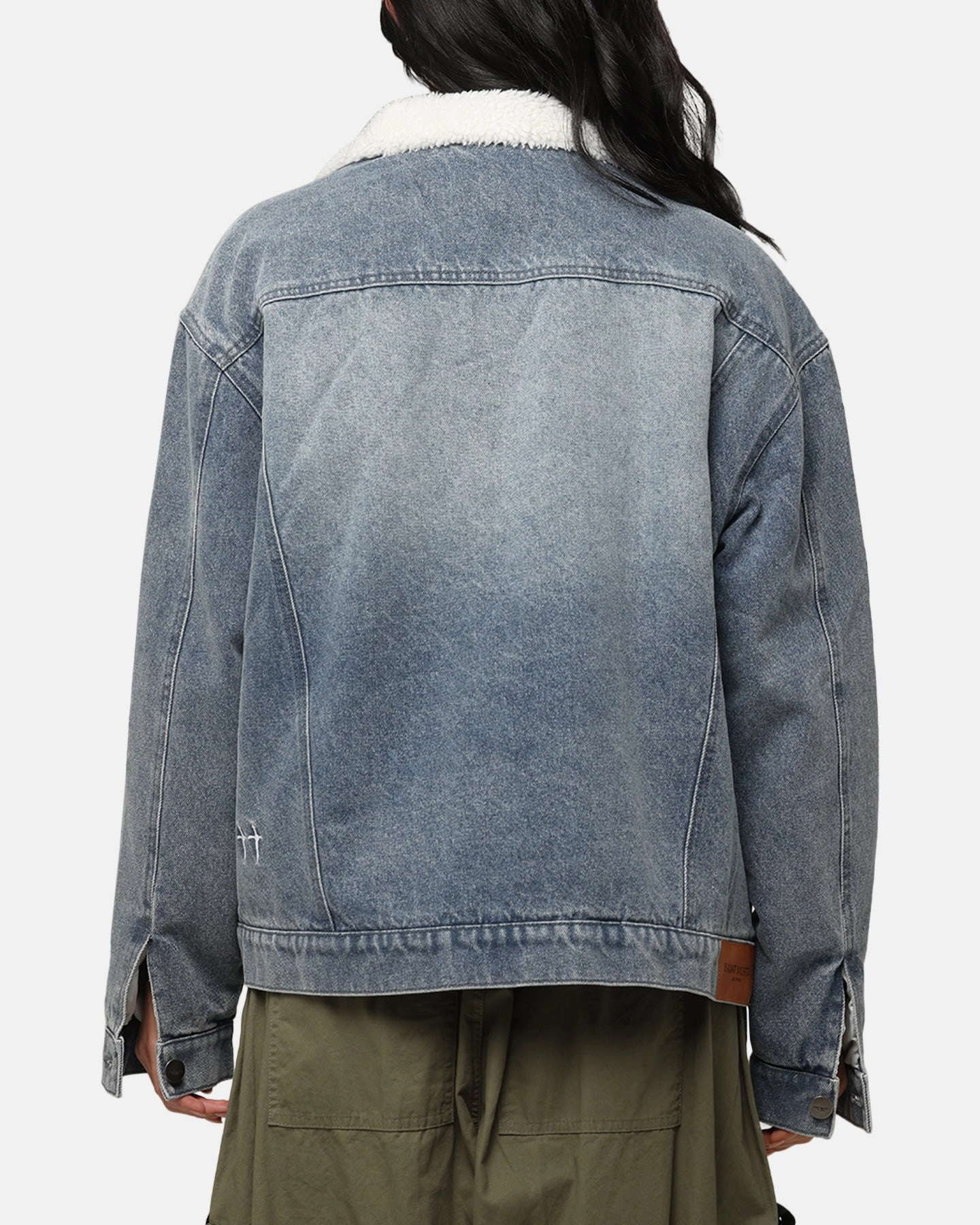 Saint Morta Sherpa Boxy Denim Jacket Dirty Denim Button Closure RipResistant Reinforcement