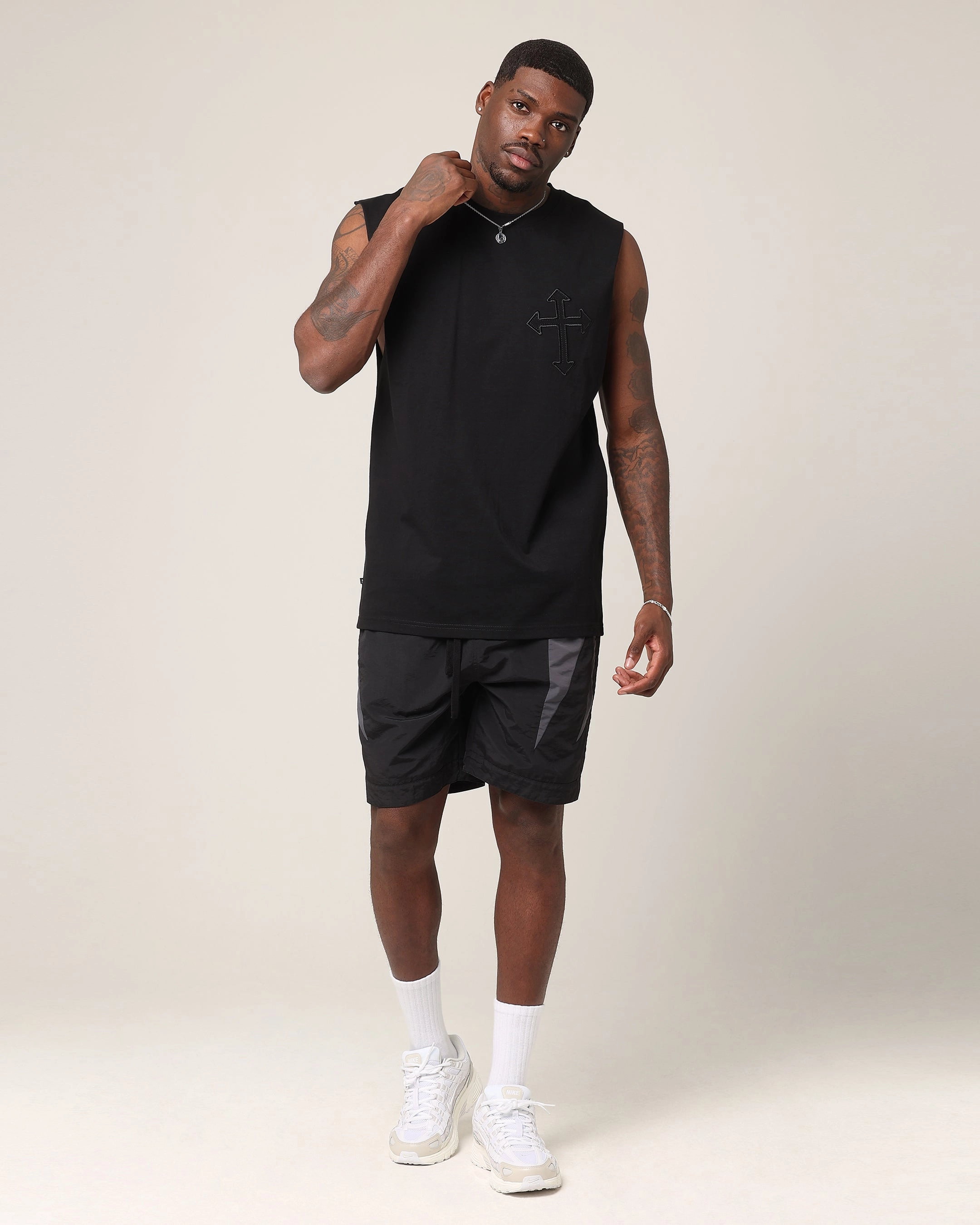 Saint Morta Sorrows Oversized Muscle T-Shirt Black Layered Neckline Details