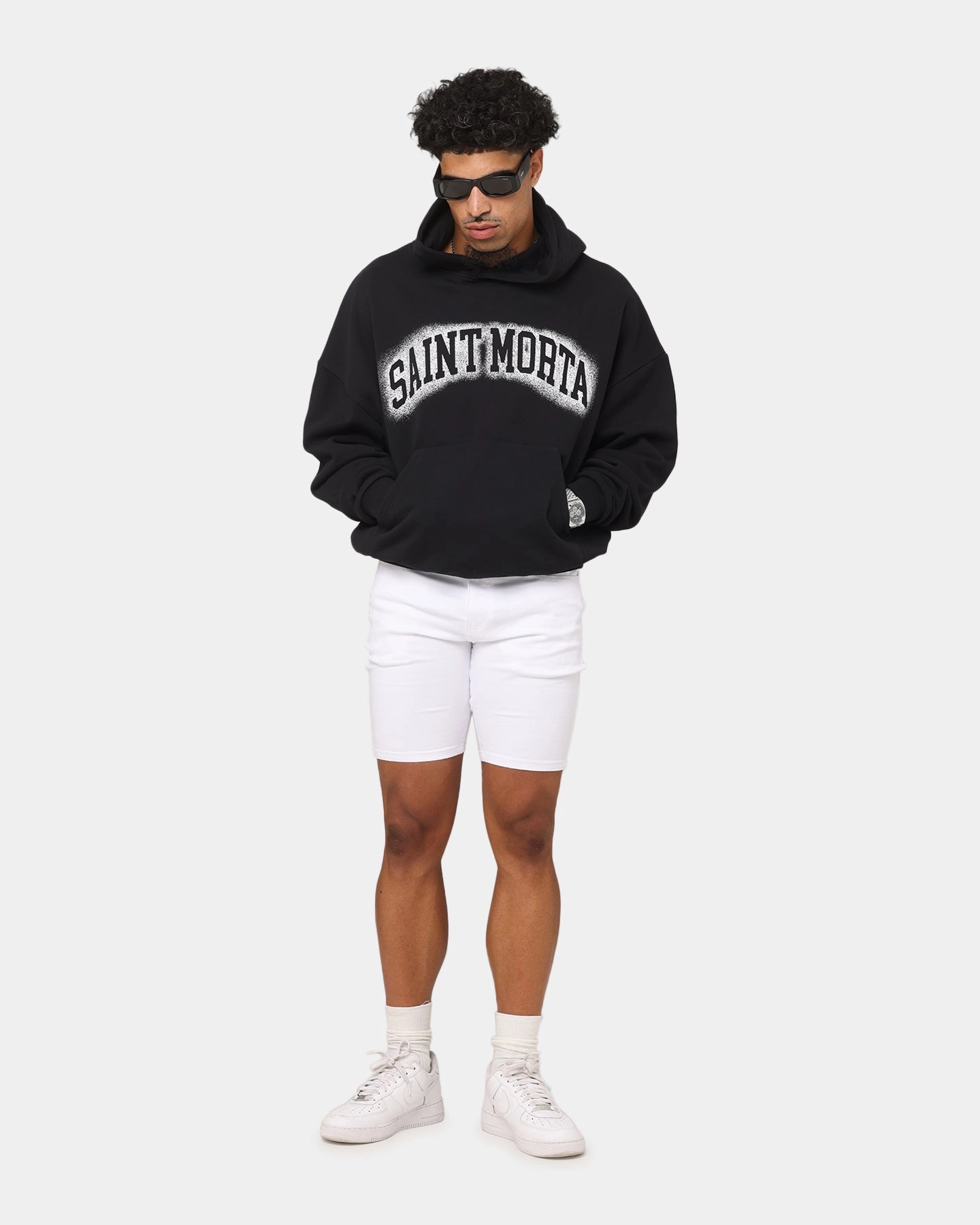 Quick Dry Blend Noise Reducing Fabric Treatment Saint Morta Spray Logo Boxy Hoodie Black