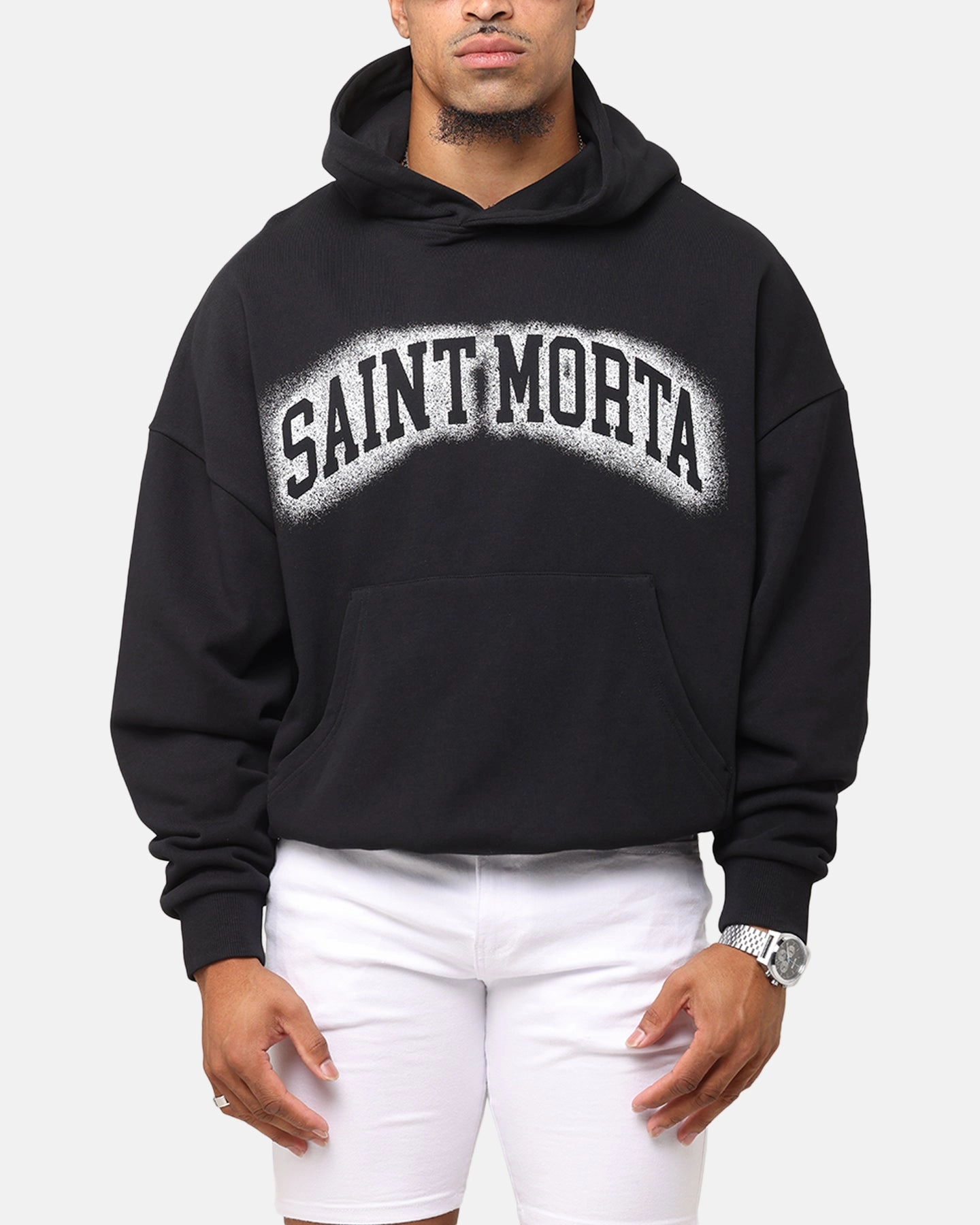 Saint Morta Spray Logo Boxy Hoodie Black preshrunk Biodegradable Fiber Composition