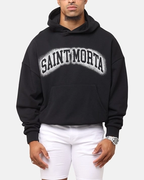 Saint Morta Spray Logo Boxy Hoodie Black preshrunk Biodegradable Fiber Composition
