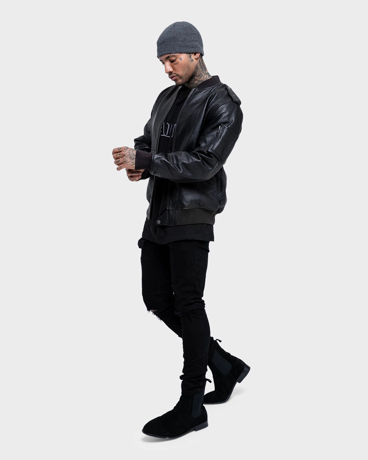 Stretch Fit Saint Morta Staten Leather Bomber Jacket Black