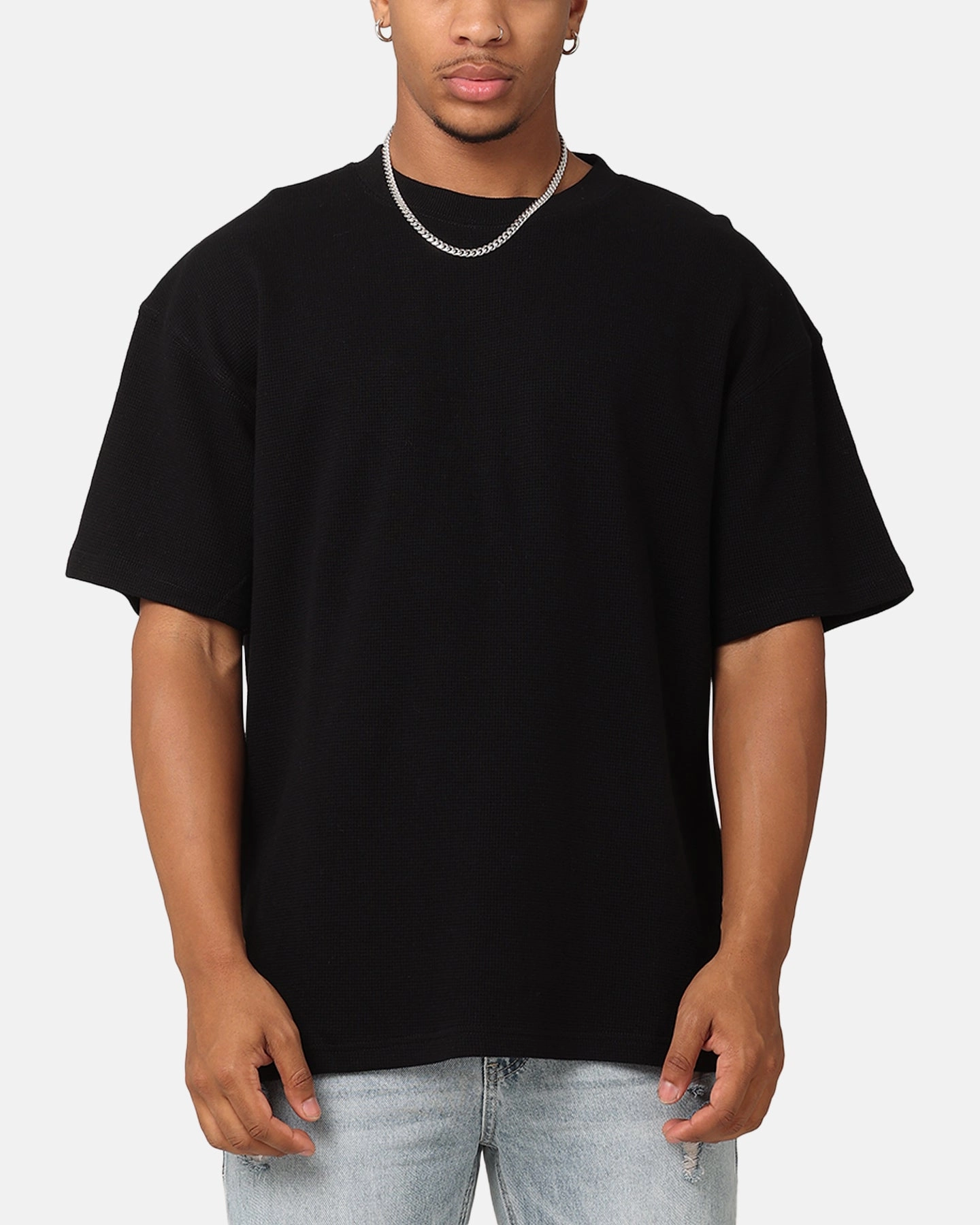 Saint Morta Waffle T-Shirt Black Stretchable Knit Scoop Neck Shape